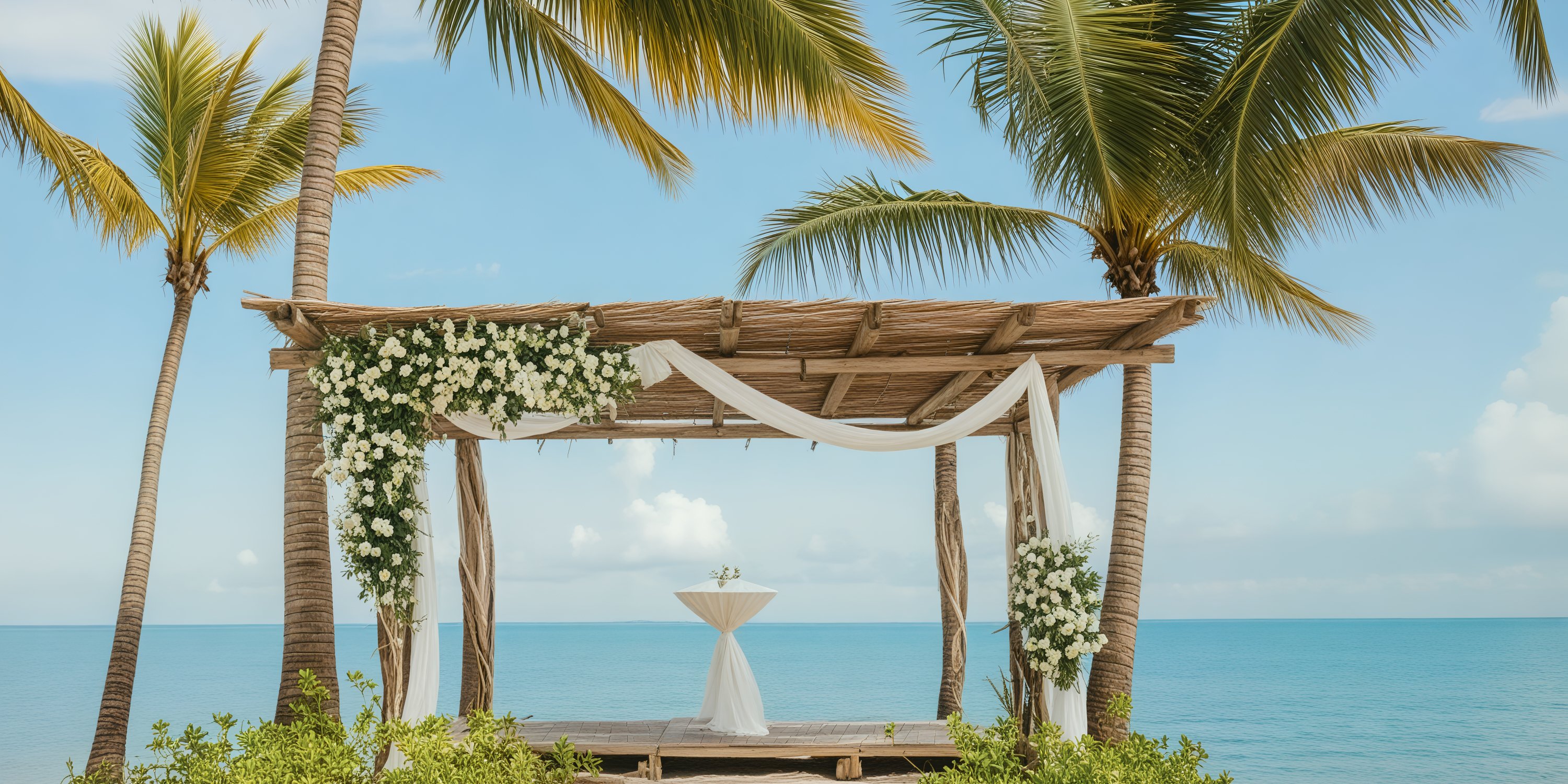 A picturesque destination wedding setup features a beachfront arch adorned with white flowers and elegant drapes, all framed by swaying palm trees.