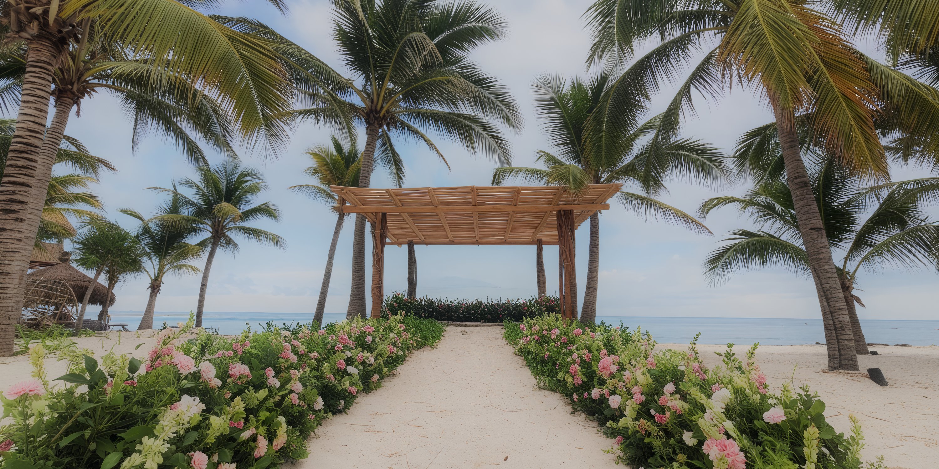 A wooden gazebo by the sea, ideal for a destination wedding, is surrounded by palm trees and a path lined with flowers.