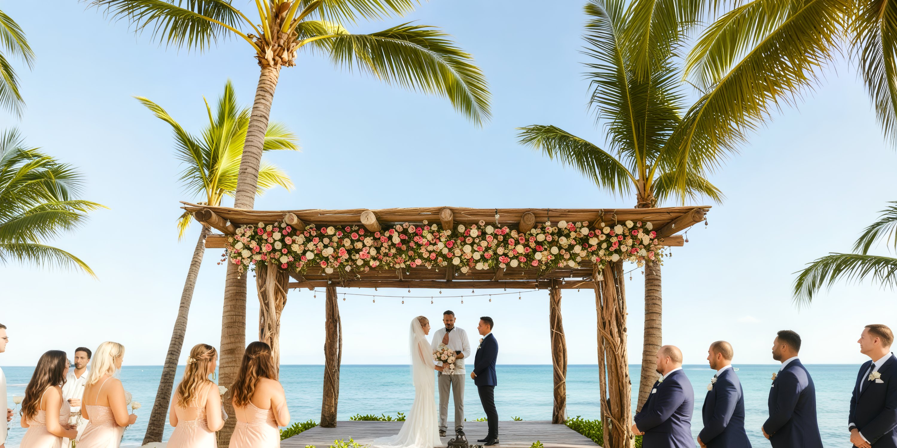 A destination wedding held under a wooden arbor adorned with floral decorations and surrounded by palm trees.