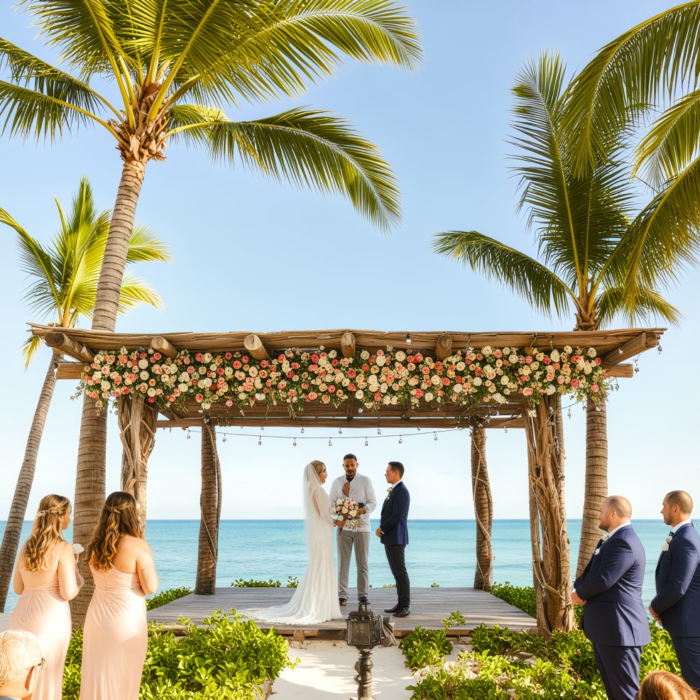 A couple is exchanging vows beneath a floral arch on the beach, surrounded by attendants and palm trees, creating a picturesque setting for their destination wedding.