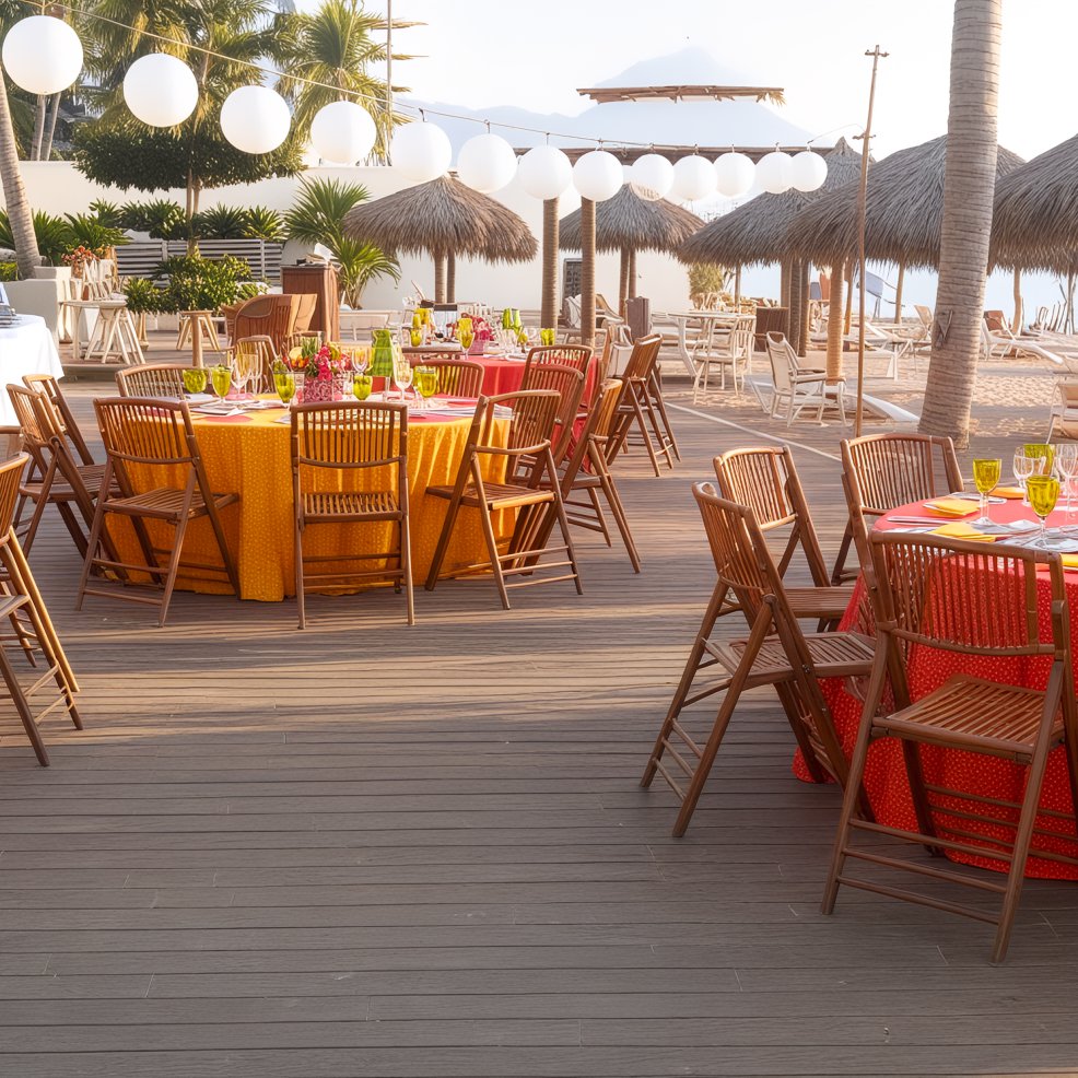 A picturesque setup for a destination wedding features round tables and chairs arranged on a wooden deck, illuminated by charming hanging lights.