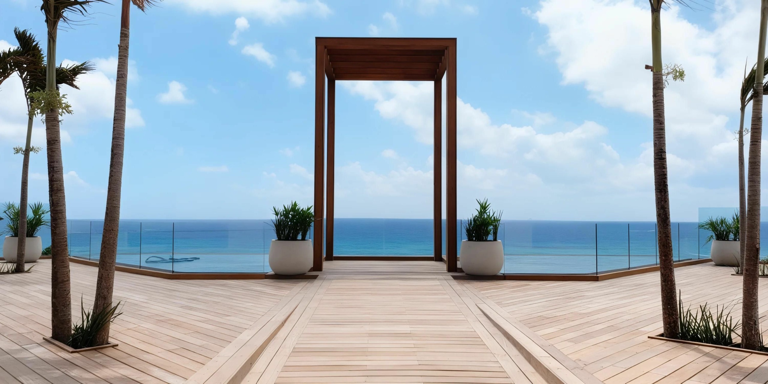 A wooden deck with potted plants leads to a large wooden archway with an ocean view in the background. Glass railings line the sides of the deck.