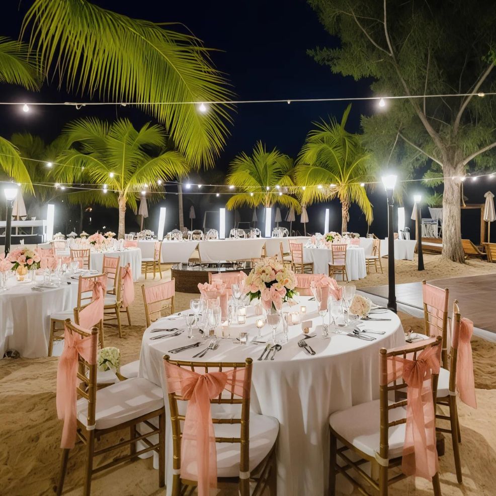 Outdoor evening wedding reception with round tables decorated with white tablecloths, pink ribbons, and floral centerpieces. String lights illuminate the sandy area surrounded by palm trees.
