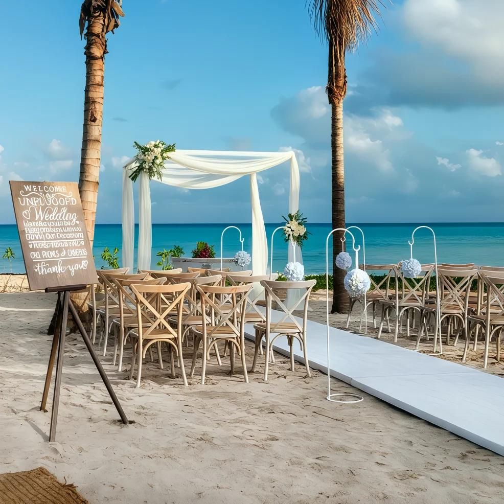 Beach wedding setup with wooden chairs, white arch, floral decorations, and a welcome sign on a sandy shore with a view of the ocean.