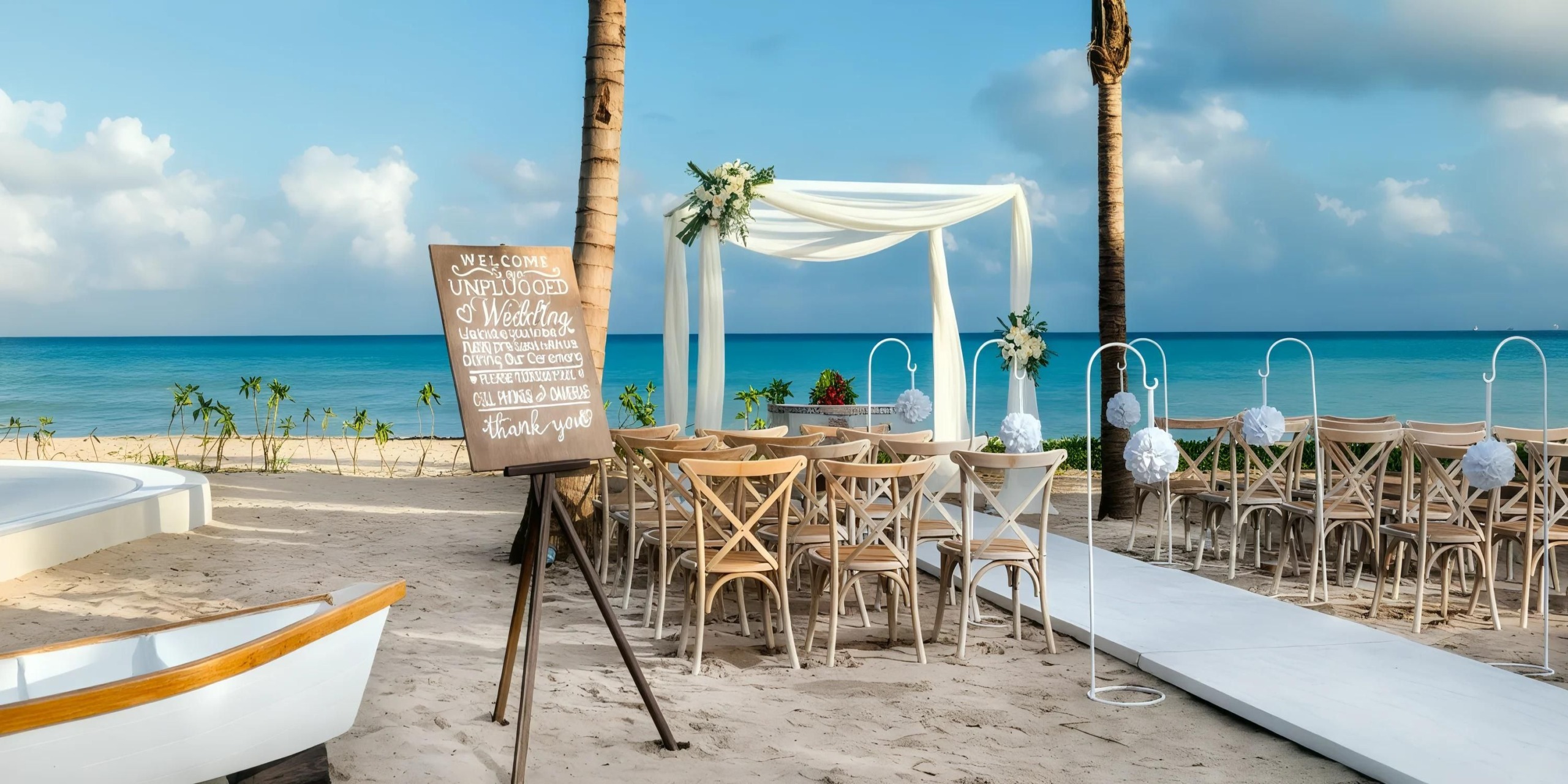 Beach wedding setup with wooden chairs facing an altar under a canopy. A sign on the left welcomes guests to an unplugged ceremony. Palms and ocean in the background.
