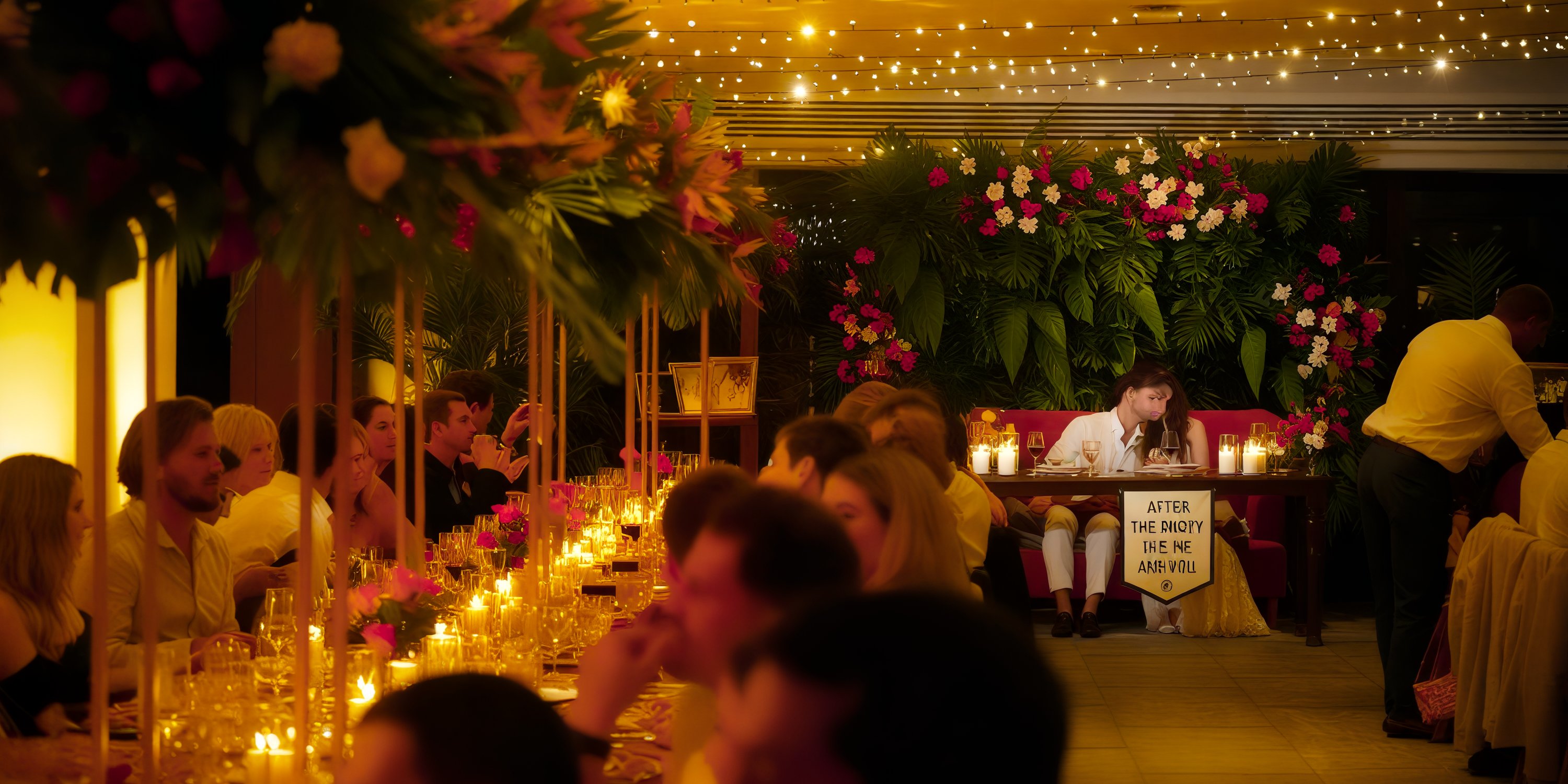 A man sits alone at a wedding reception, softly illuminated by the string lights of Secrets Moxche Playa del Carmen.