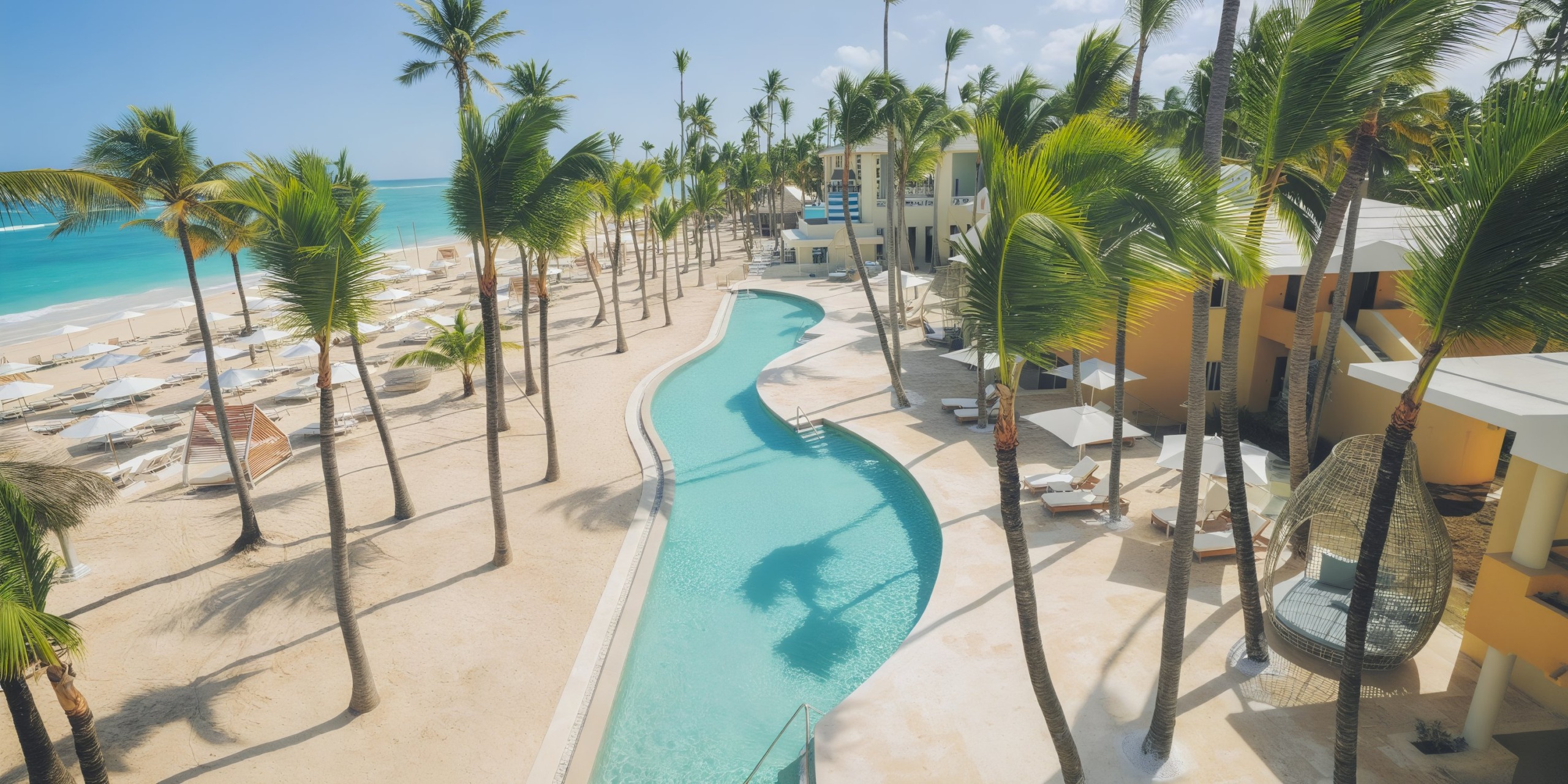 The Coral Level at Iberostar Selection Bavaro boasts an aerial view of a resort with a winding pool amid palm trees, sun loungers, and cabanas, all on a sandy beach beside turquoise ocean waters.