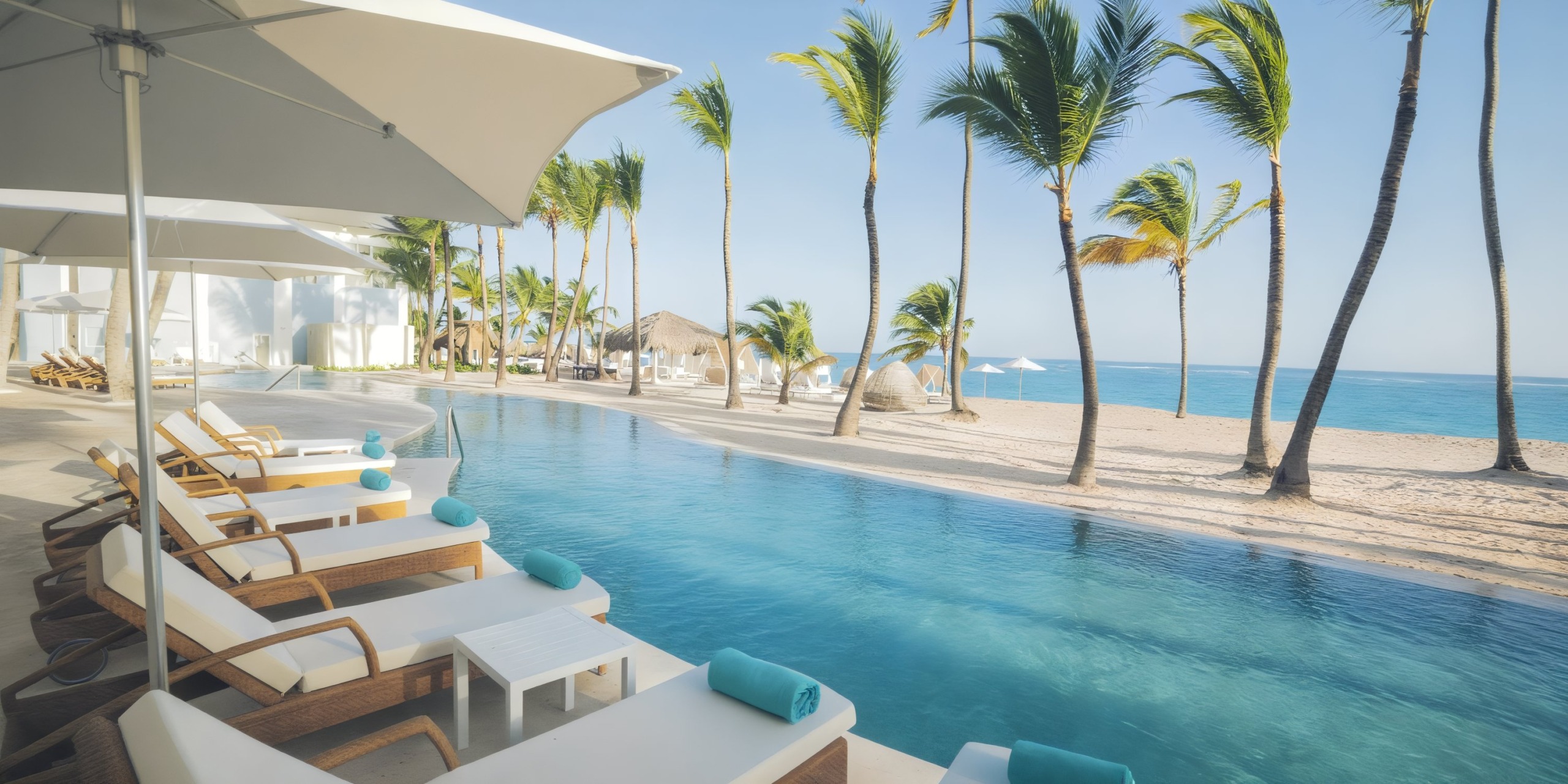 Lounge chairs and umbrellas at Coral Level at Iberostar Selection Bavaro offer a poolside view of a palm-lined sandy beach and the ocean.