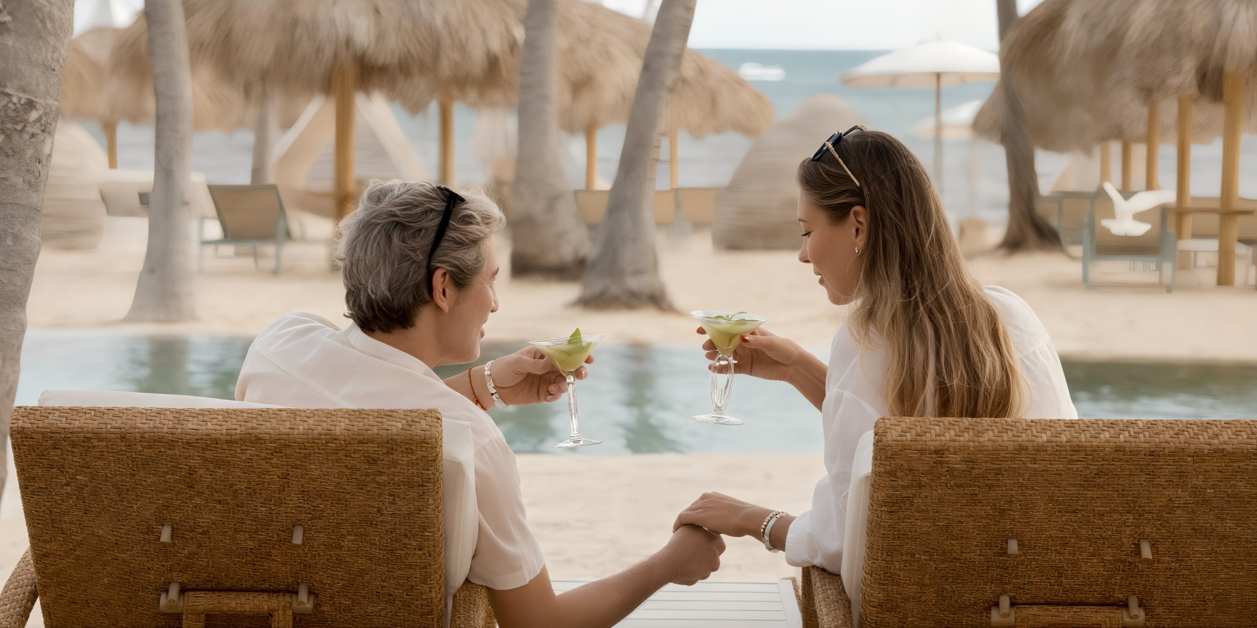 Two people relax in wicker chairs by the beach at Coral Level at Iberostar Selection Bavaro, holding hands and toasting with drinks.