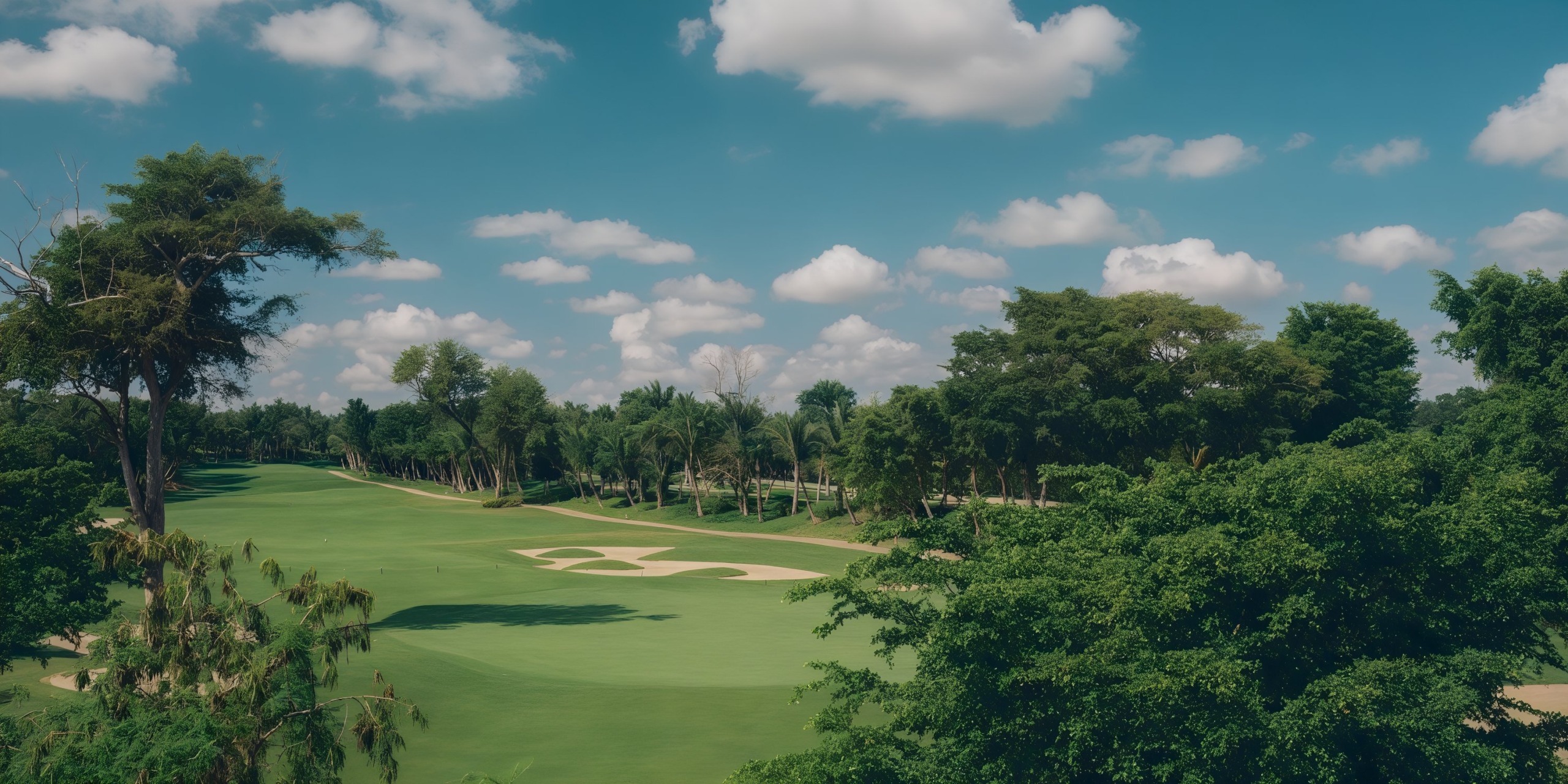 The Coral Level at Iberostar Selection Bavaro features a meticulously maintained golf course encircled by lush trees and set beneath a blue sky dotted with white clouds.