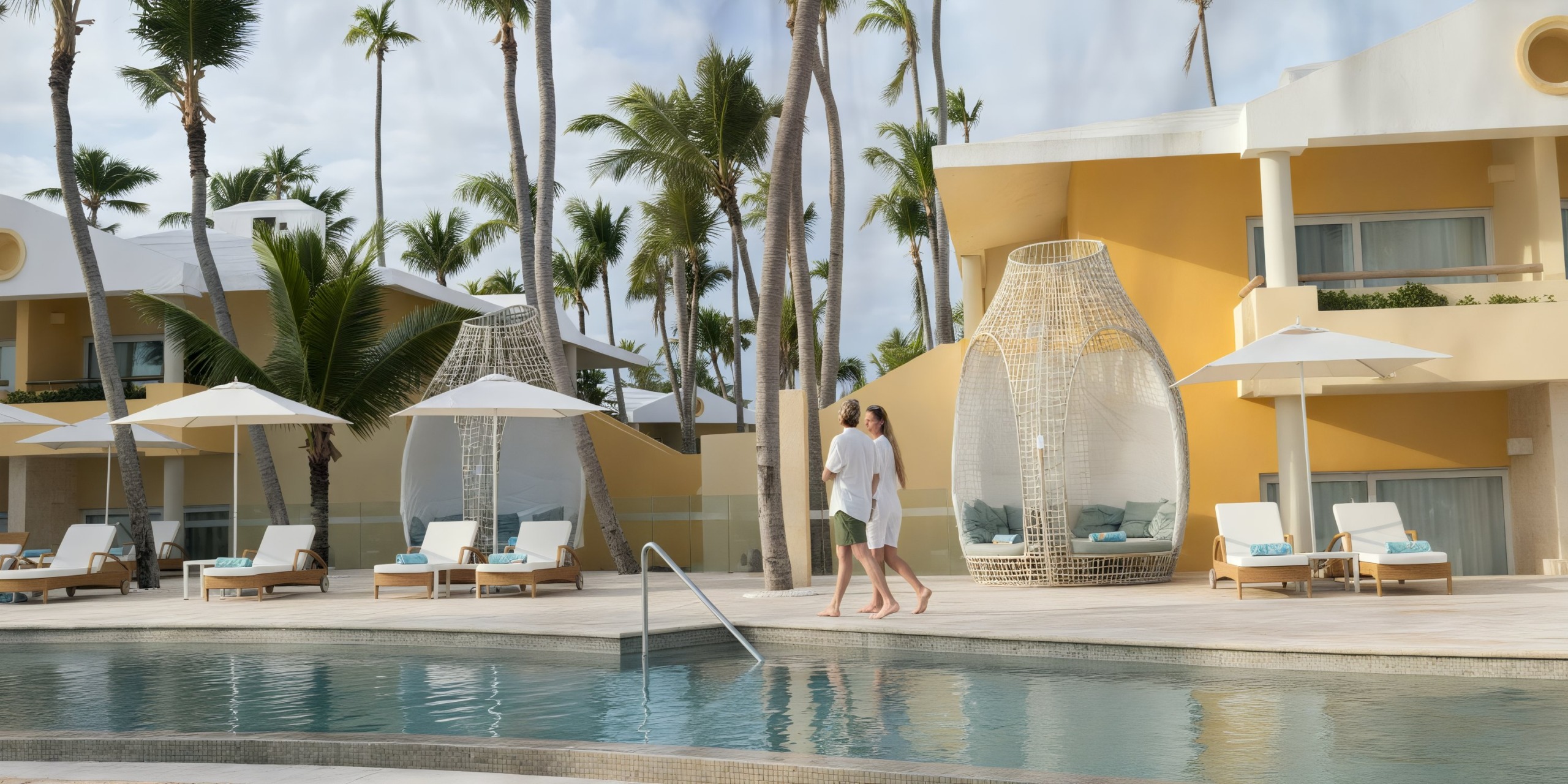 A couple strolls by a pool at the Coral Level at Iberostar Selection Bavaro, surrounded by yellow buildings, palm trees, and white lounge chairs.