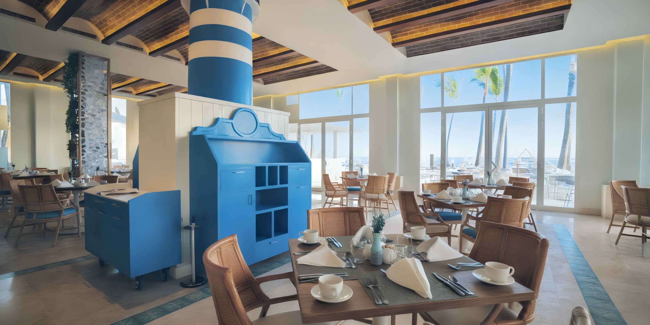 Coral Level at Iberostar Selection Bavaro features a bright, spacious dining area with wooden chairs and tables adorned with white napkins, blue accents, and large windows offering an ocean view.