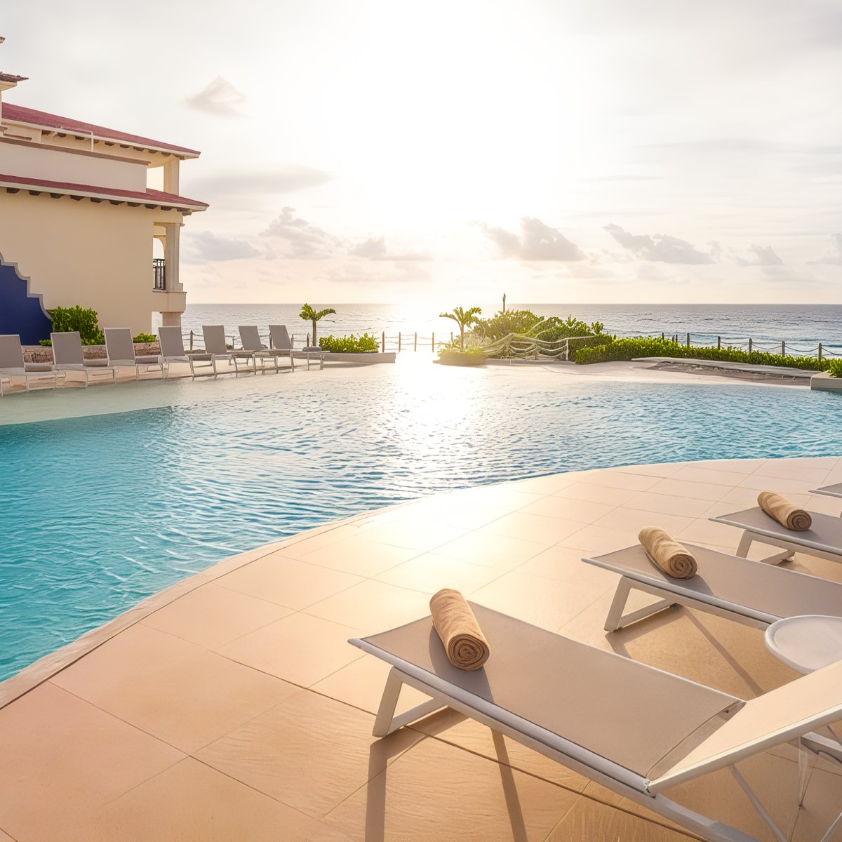 The Grand Park Royal Cancún features a tranquil pool area with lounge chairs and rolled towels, offering breathtaking views of the ocean as the sun sets, bathing the scene in a warm glow.