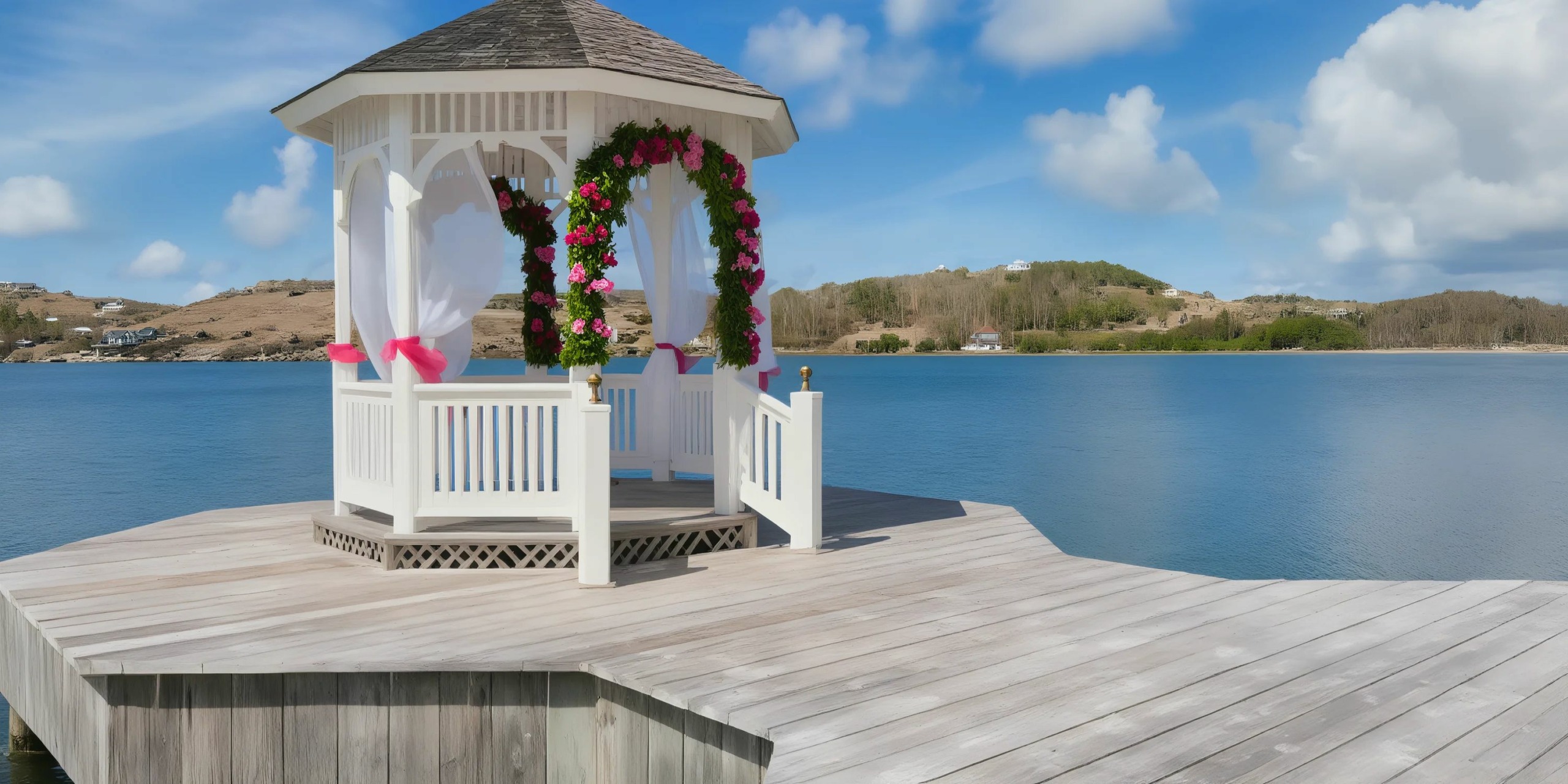 White gazebo on a wooden dock by a lake, decorated with flowers and ribbons under a partly cloudy sky.