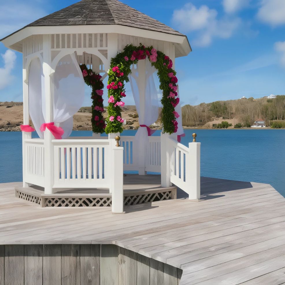 A white gazebo decorated with pink and green floral garlands stands on a wooden pier over a lake, with a clear blue sky in the background.