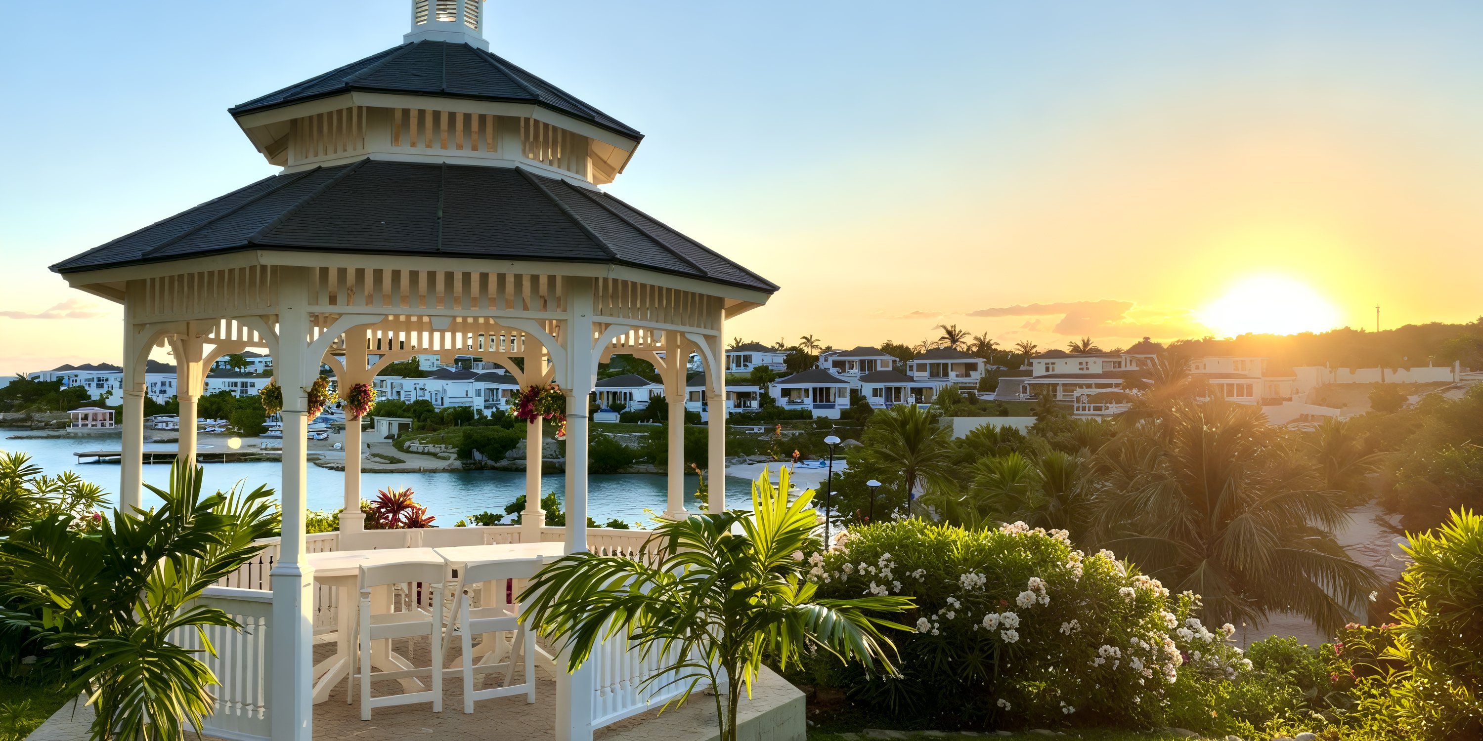 St. James's Club & Villas: A stunning white gazebo overlooking the waterfront at sunset in Antigua, perfect for a destination wedding.