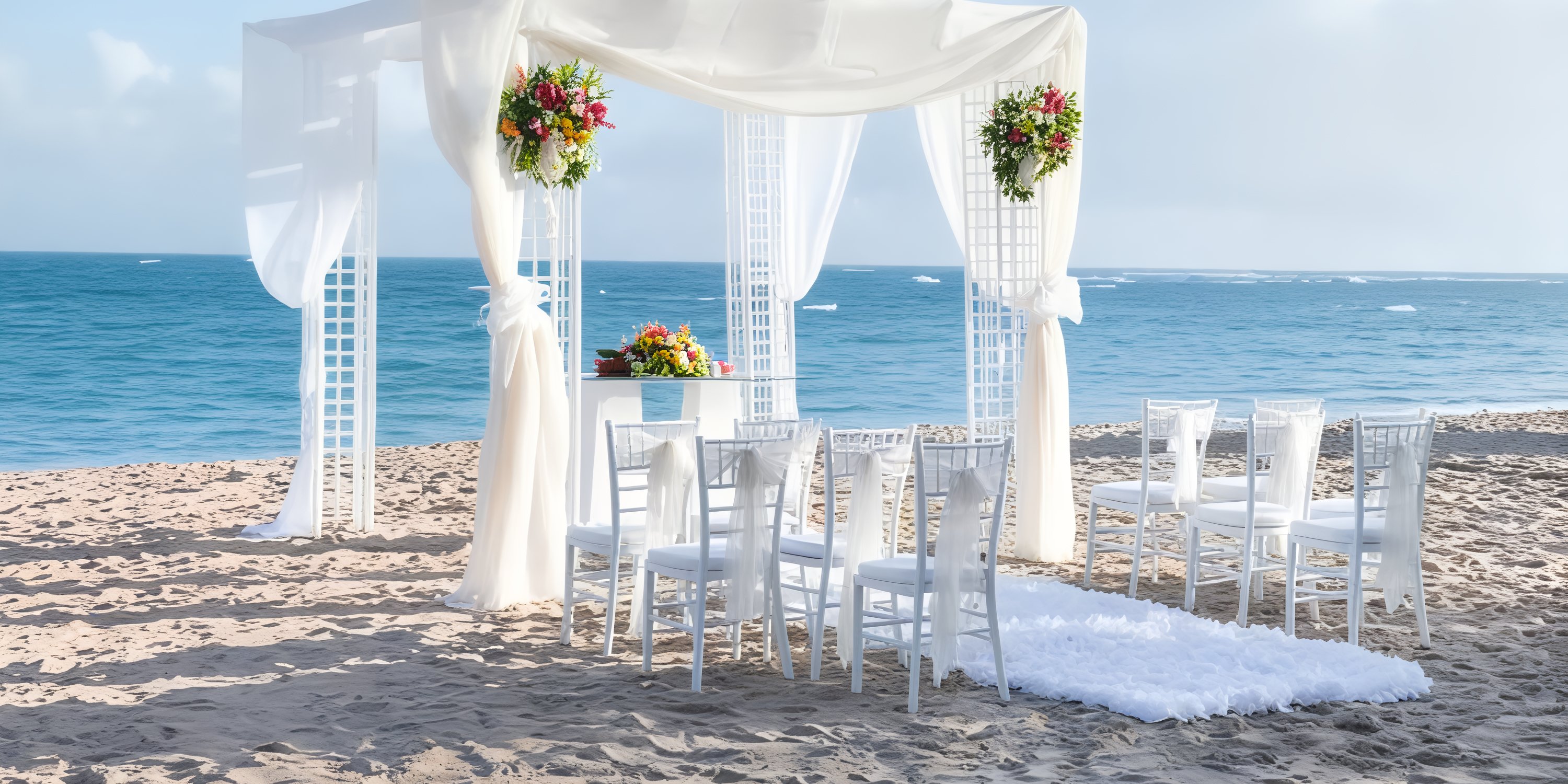 A destination wedding by the ocean featuring a beautiful setup with chairs, floral decorations, and an elegant canopy.