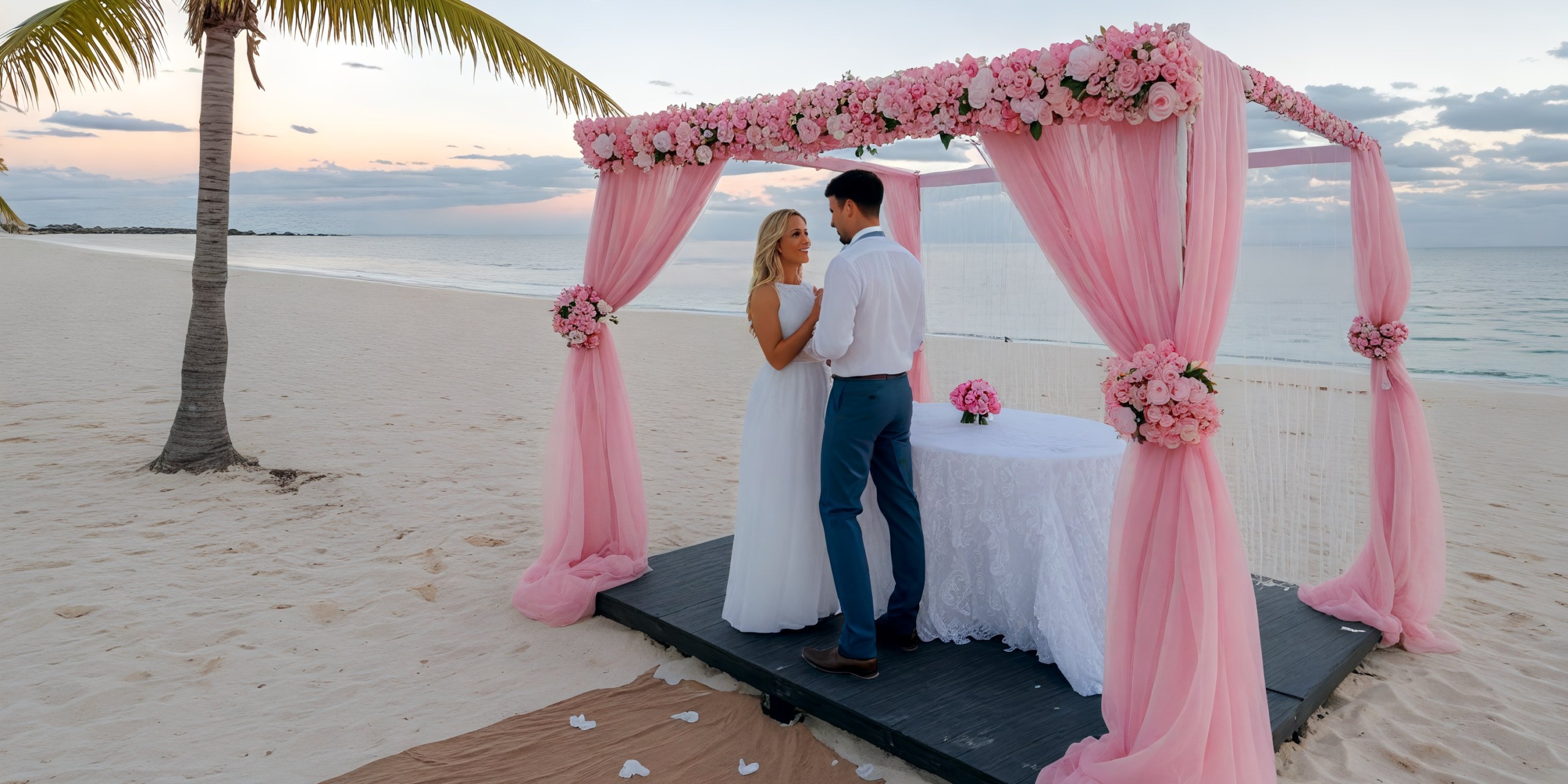 The bride and groom stand beneath a pink canopy at sunset, creating an enchanting scene for their destination wedding at Viva Wyndham Fortuna Beach.
