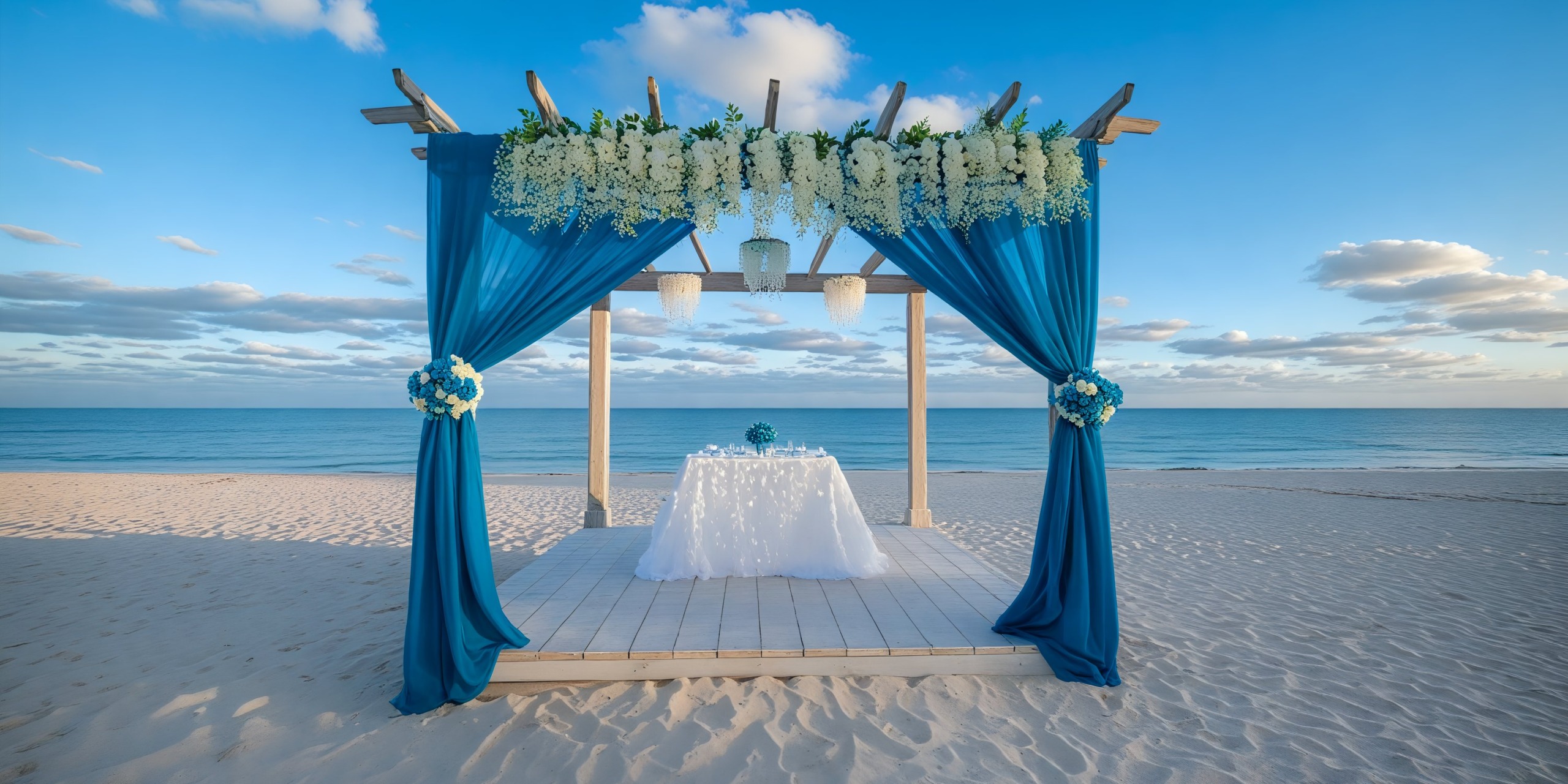 A destination wedding at Viva Wyndham Fortuna Beach features an altar adorned with blue drapes and white flowers, all set under a clear sky.