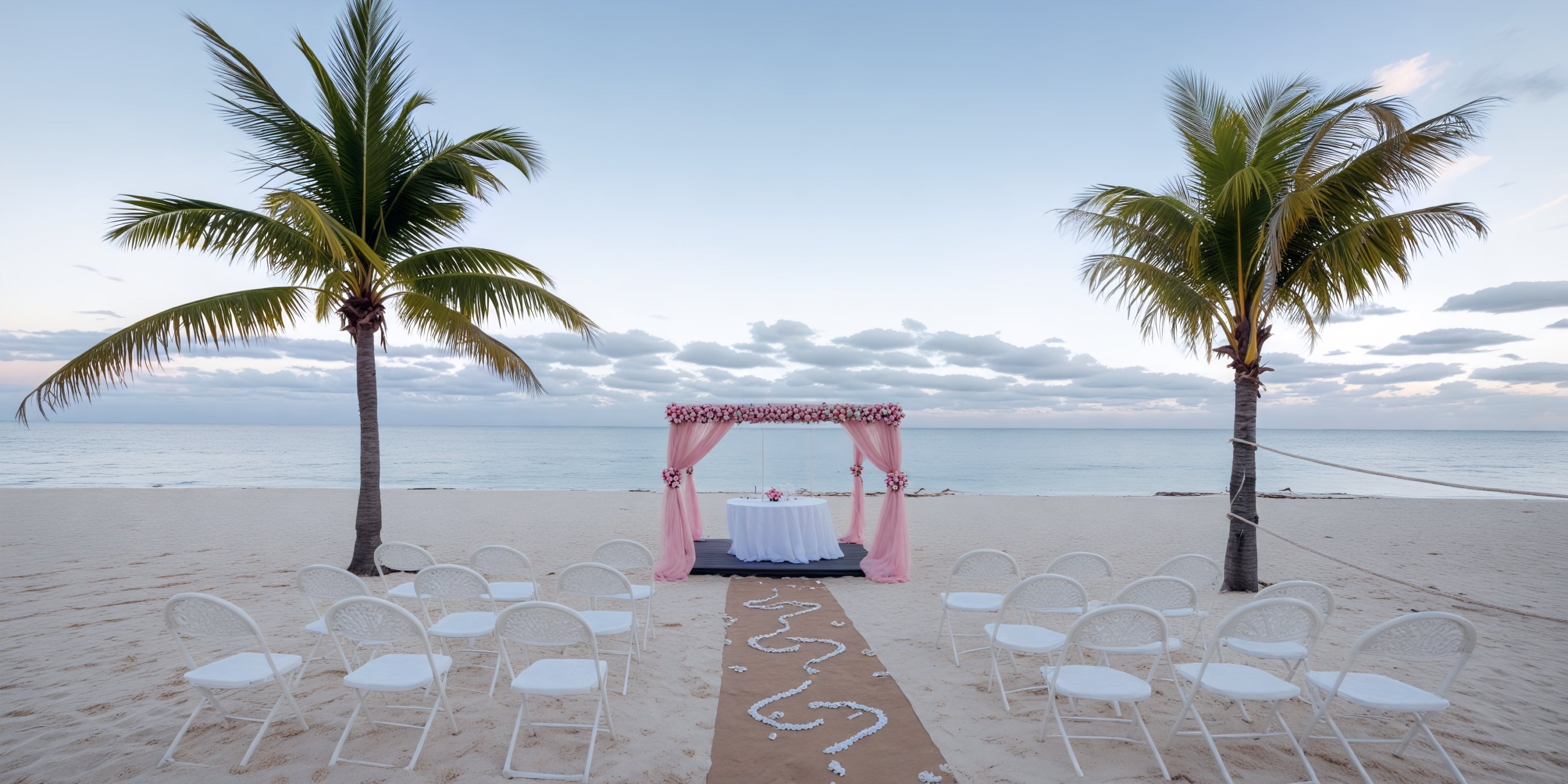 A stunning destination wedding setup at Viva Wyndham Fortuna Beach features elegantly arranged chairs, swaying palm trees, and a picturesque floral arch by the ocean.