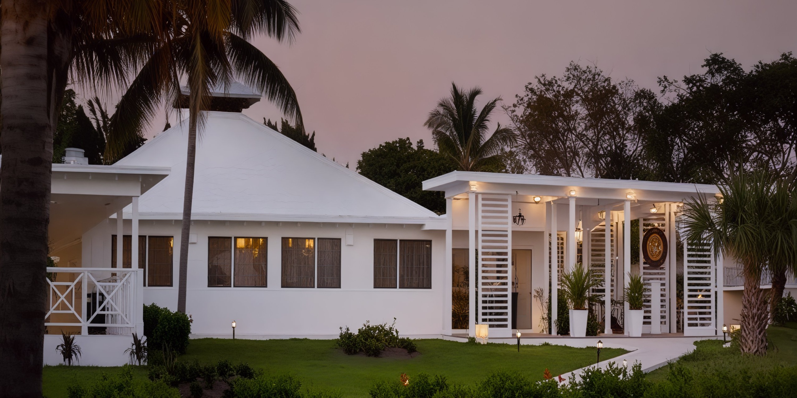 Viva Wyndham Fortuna Beach offers a picturesque wedding setting, with palm trees and lush lawns set against a dusky sky.
