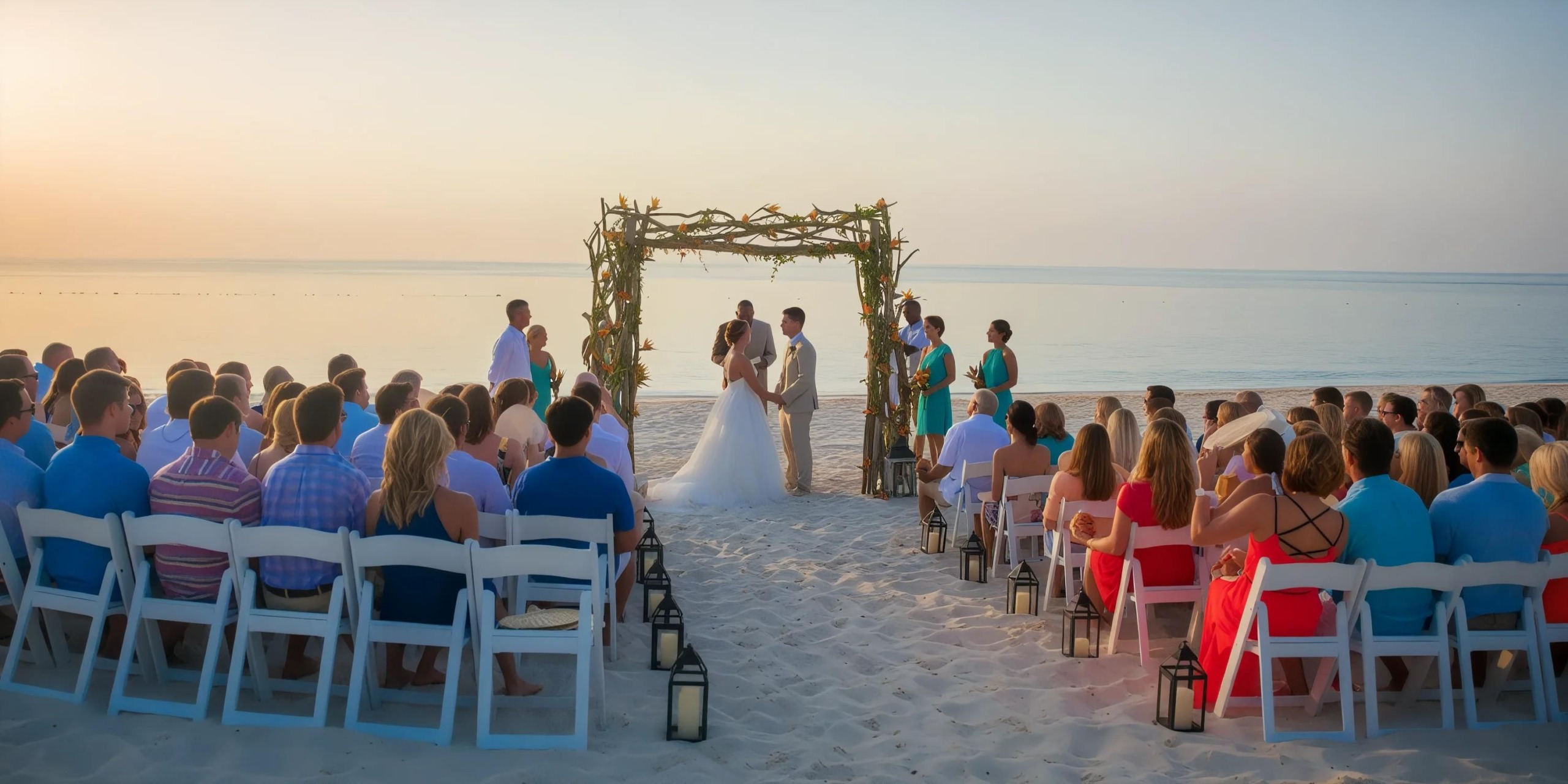 A beach wedding ceremony with a bride and groom standing under a floral arch, surrounded by guests seated on white chairs facing the ocean.