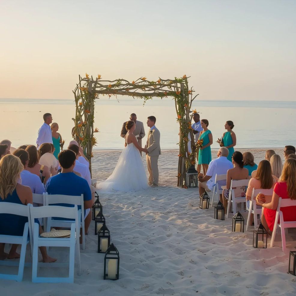 A couple holds hands under a floral arch during a beach wedding ceremony, surrounded by seated guests and two standing attendants on either side.