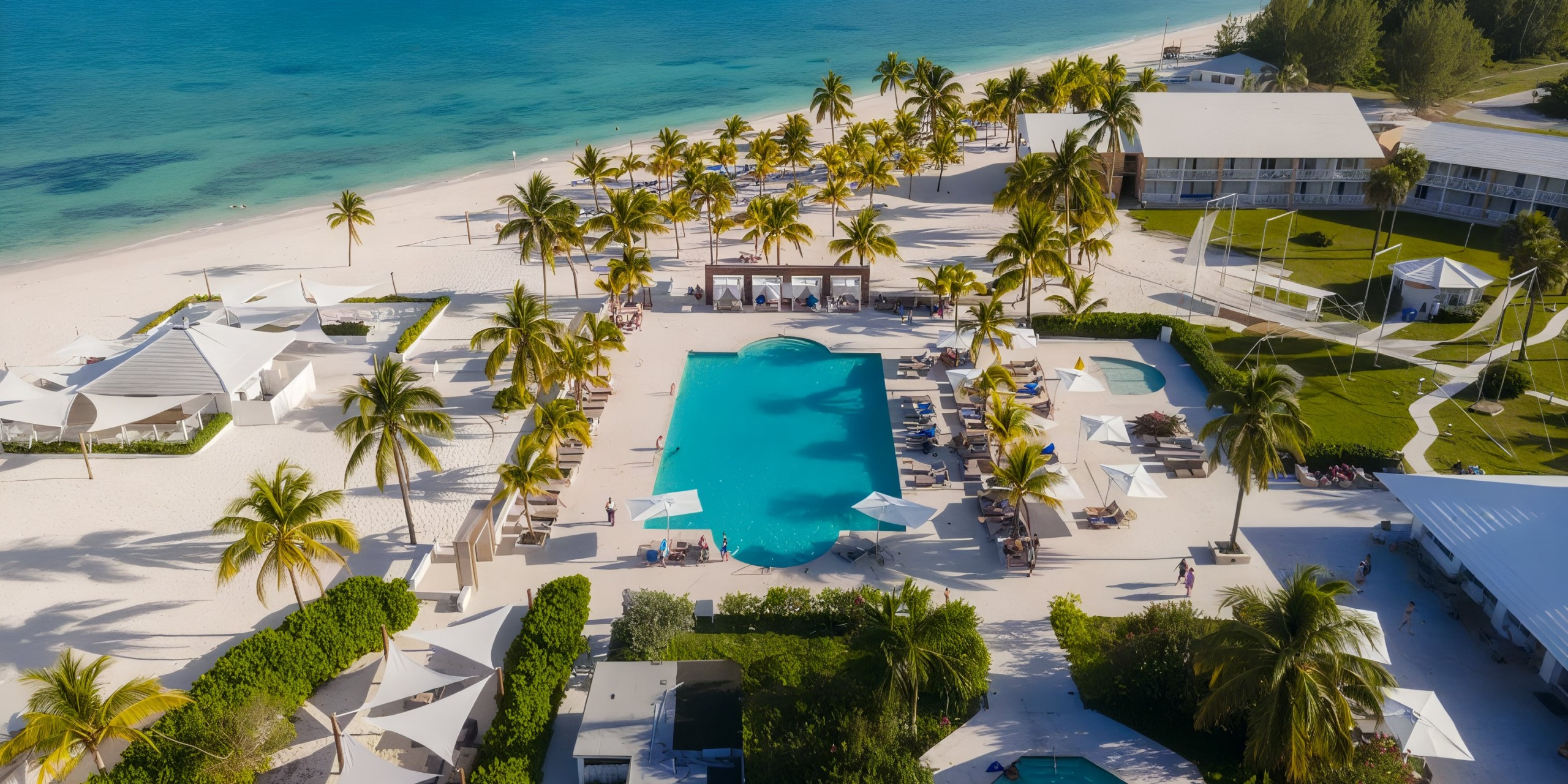 Experience the breathtaking aerial view of Viva Wyndham Fortuna Beach, featuring a central pool nestled among palm trees and lounge chairs. This stunning beachfront resort is surrounded by charming white buildings, with easy access to a pristine sandy beach and the mesmerizing turquoise ocean.