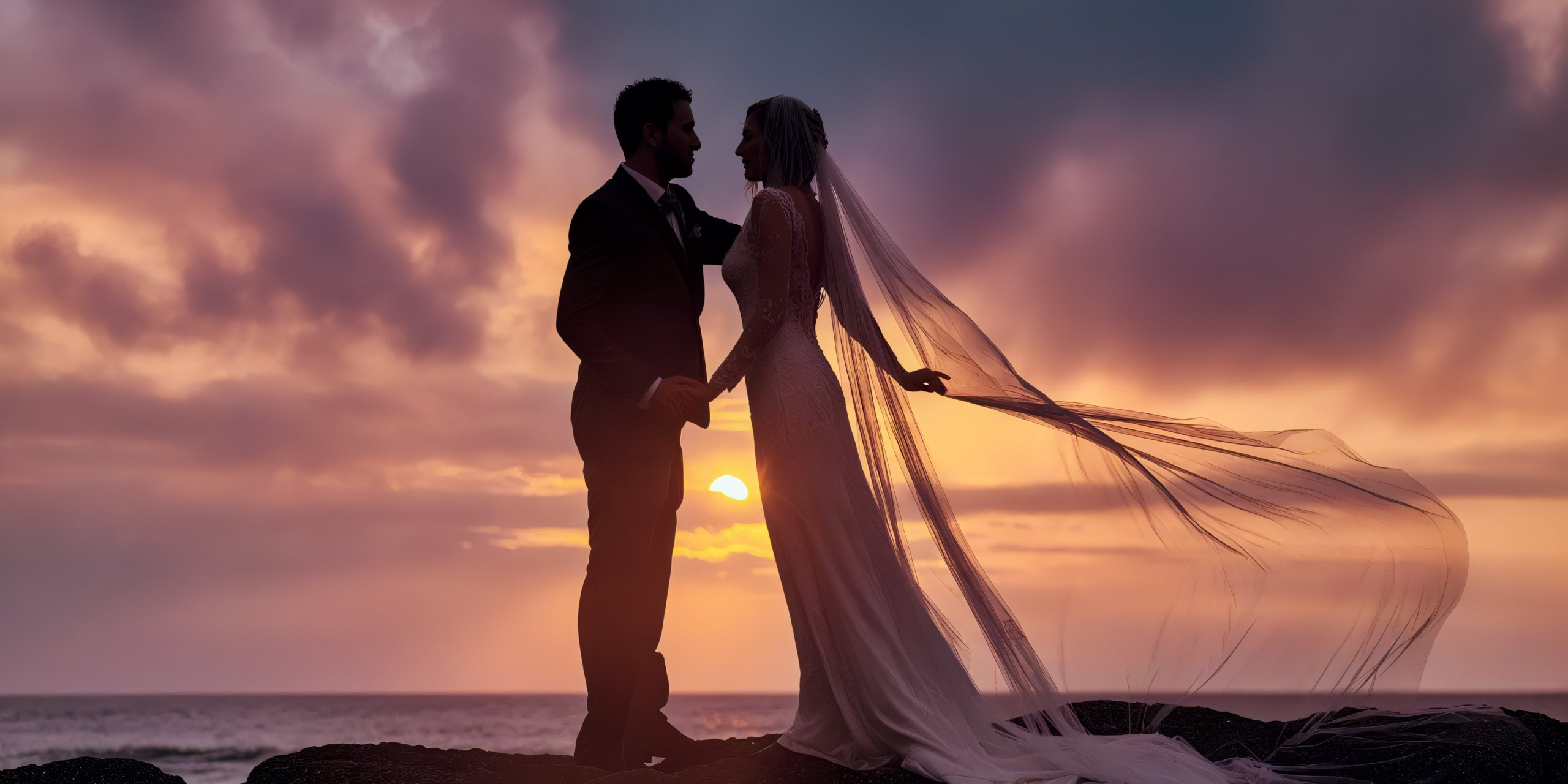 A silhouette of a couple in wedding attire holds hands on the rocky shores of Viva Wyndham Fortuna Beach, set against a backdrop of sunset skies and the tranquil ocean.