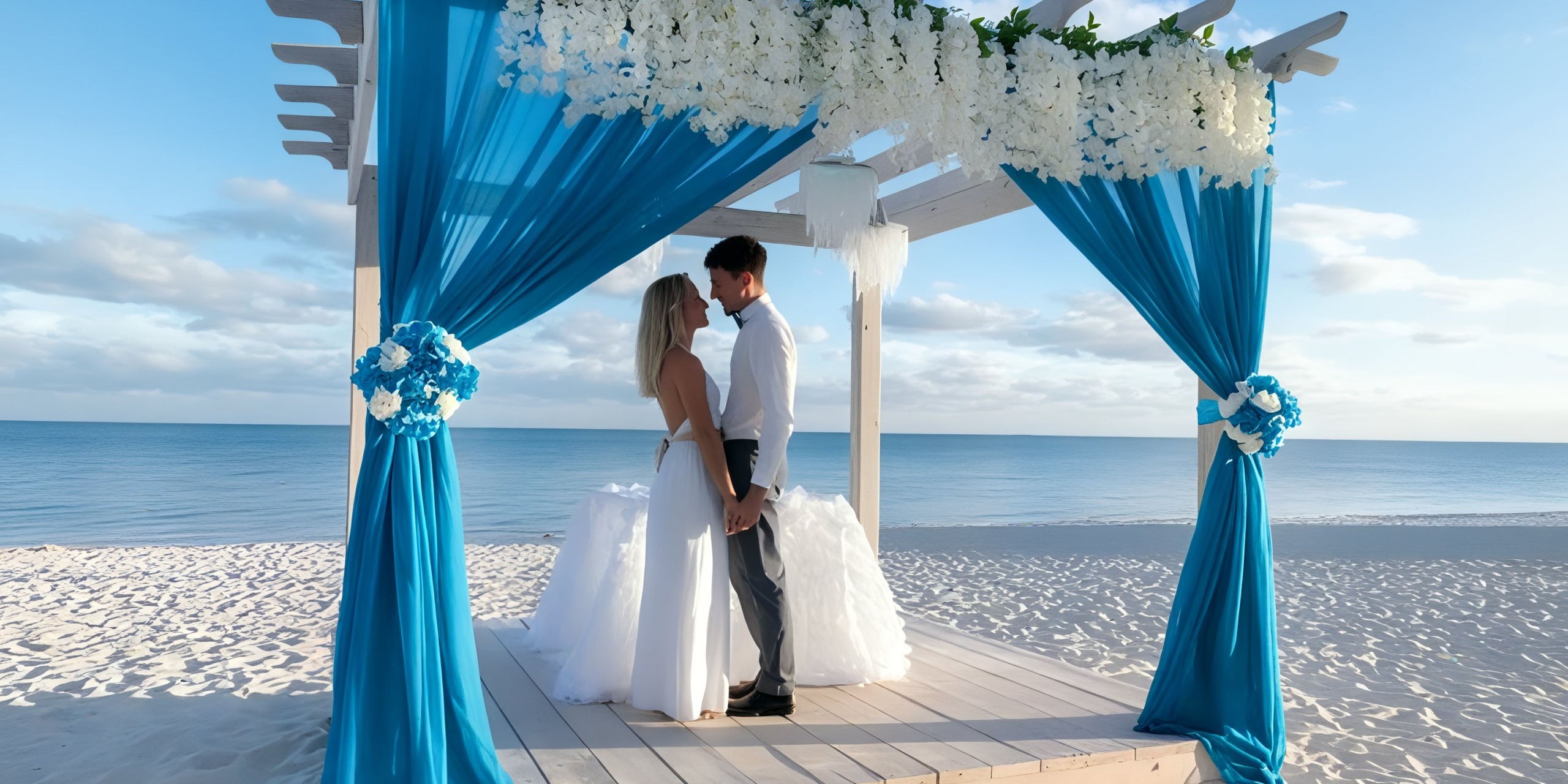 A couple stands under a beach gazebo with blue drapes at the Viva Wyndham Fortuna Beach, holding hands and facing each other by the sea.