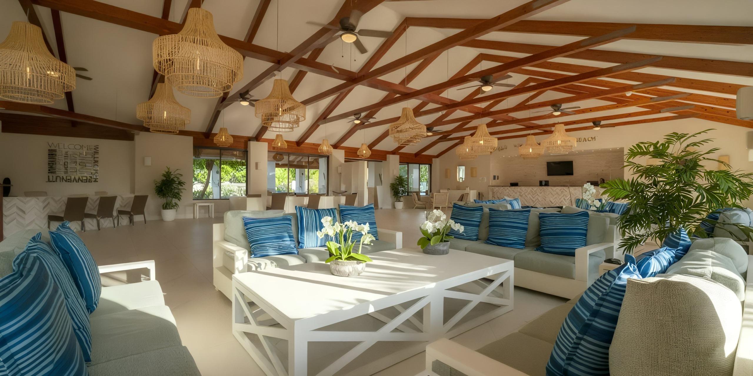 The Viva Wyndham Fortuna Beach features a spacious lounge adorned with wooden beams and decorated in blue and white. It includes wicker light fixtures and large windows, complemented by modern furniture such as white tables and cushioned chairs accented with blue-striped pillows.