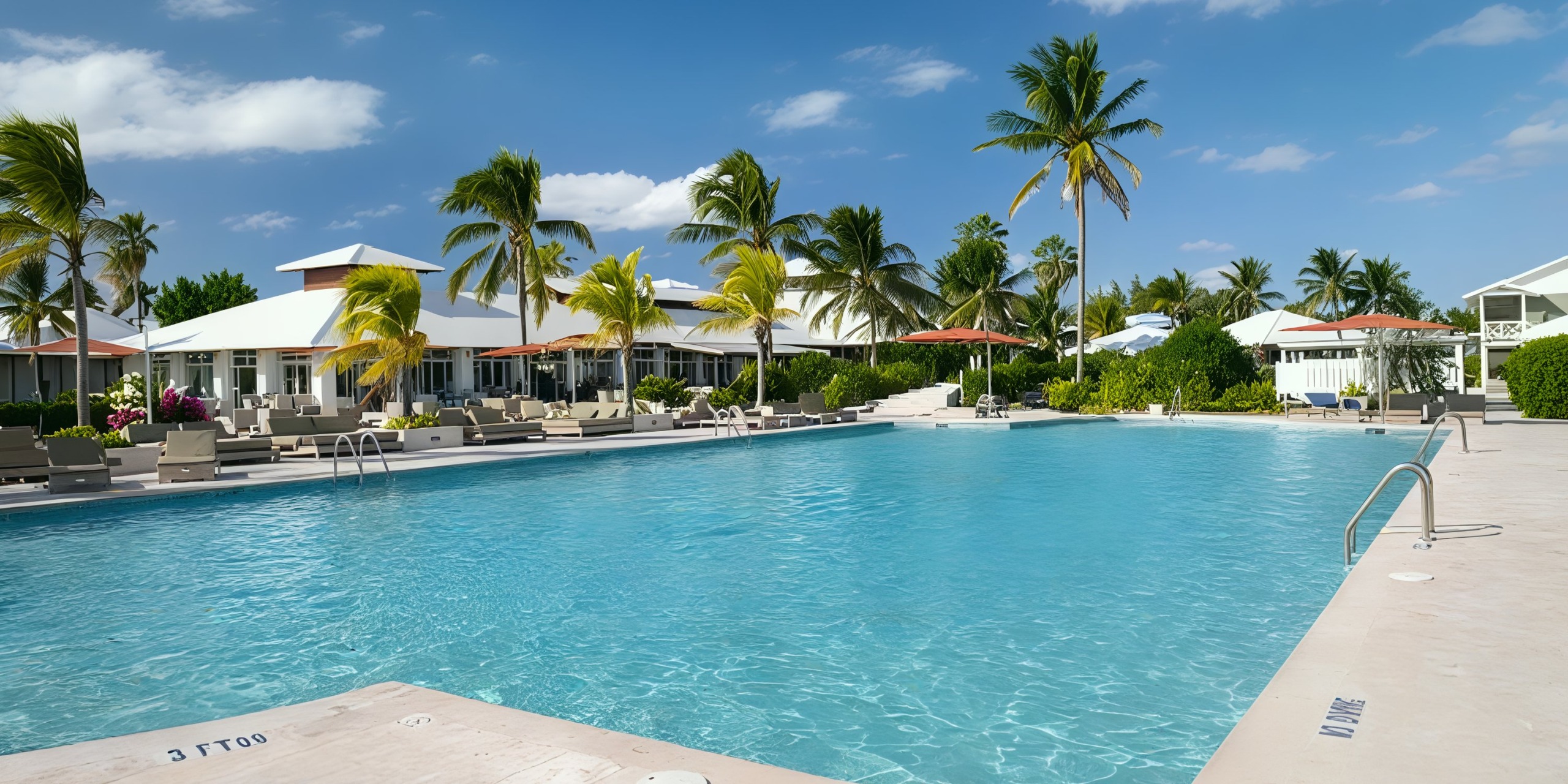 The Viva Wyndham Fortuna Beach features a spacious outdoor pool encircled by palm trees and lounge chairs beneath a clear blue sky, with white buildings in the background.