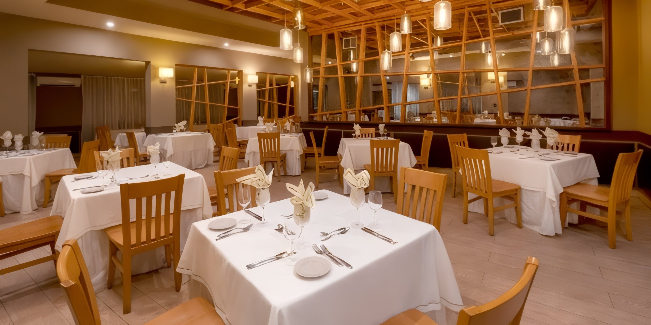 The dining area at Viva Wyndham Fortuna Beach is elegantly arranged with tables covered in white tablecloths, set with plates, cutlery, and folded napkins. The space is complemented by wooden chairs and a warm, softly-lit ambiance.