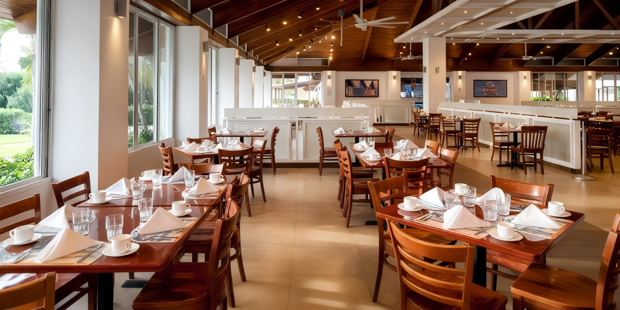 The Viva Wyndham Fortuna Beach features a spacious restaurant interior adorned with neatly arranged wooden tables and chairs. The setting is completed with white napkins, cups, and cutlery placed under a wooden ceiling equipped with recessed lighting. Large windows are elegantly positioned along the walls.