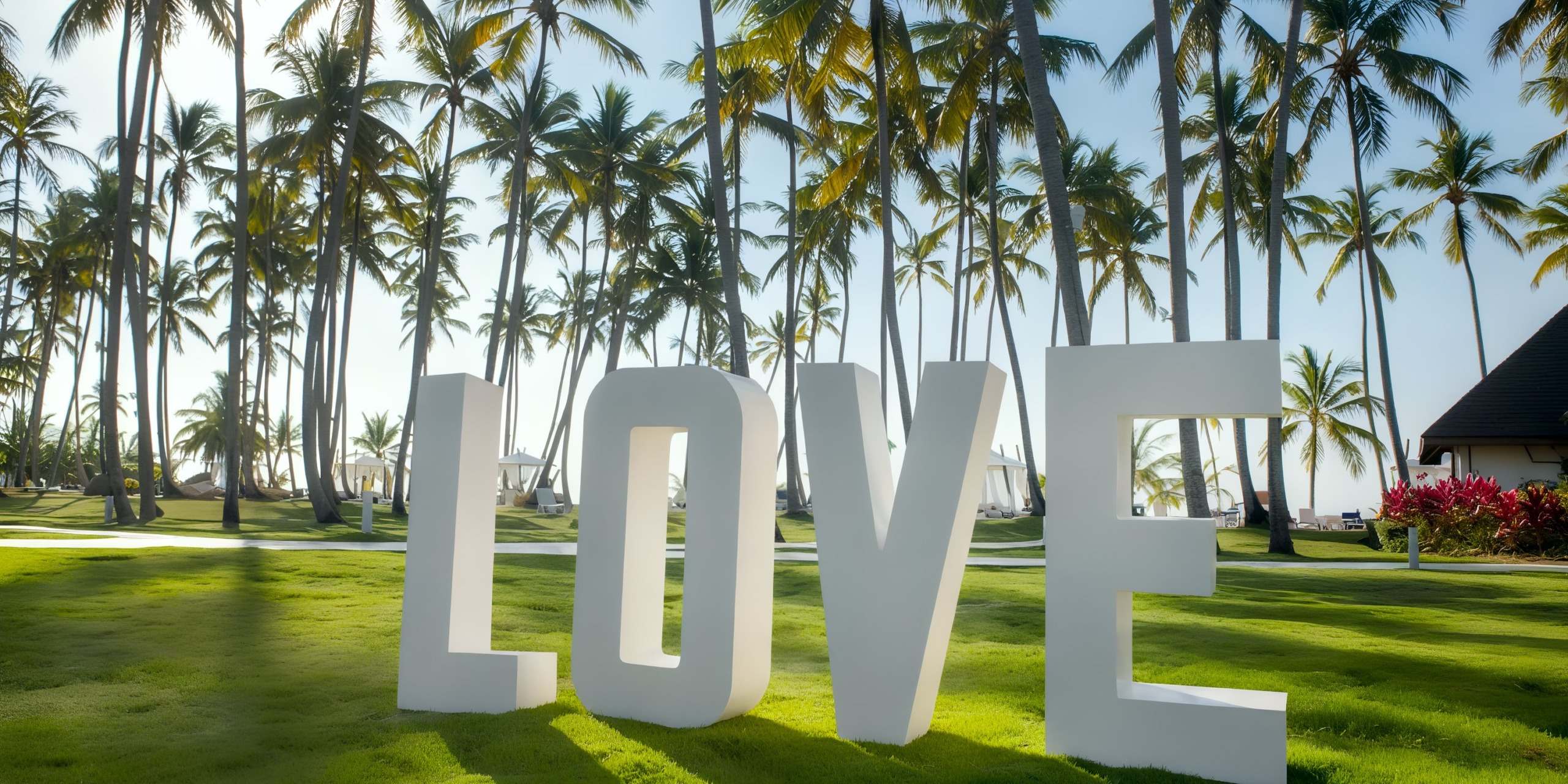 Enormous white letters spelling "LOVE" stand on a grassy field at Viva Wyndham Fortuna Beach, encircled by tall palm trees beneath a clear blue sky.