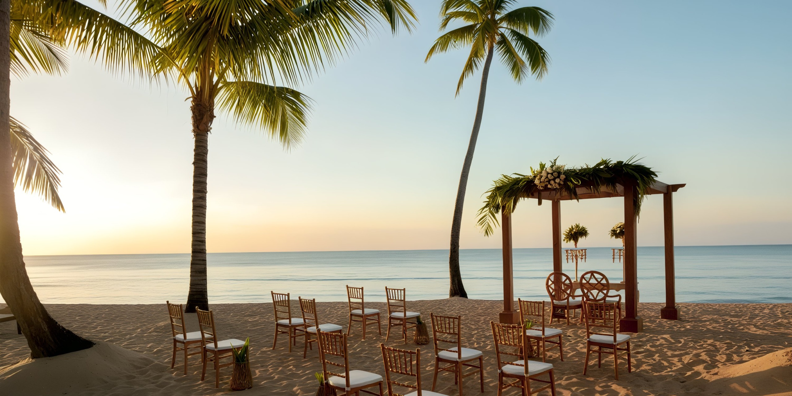 The Viva Wyndham Fortuna Beach setup features wooden chairs and an arch adorned with palm leaves, set on a sandy shore with a serene ocean and palm trees as a backdrop.