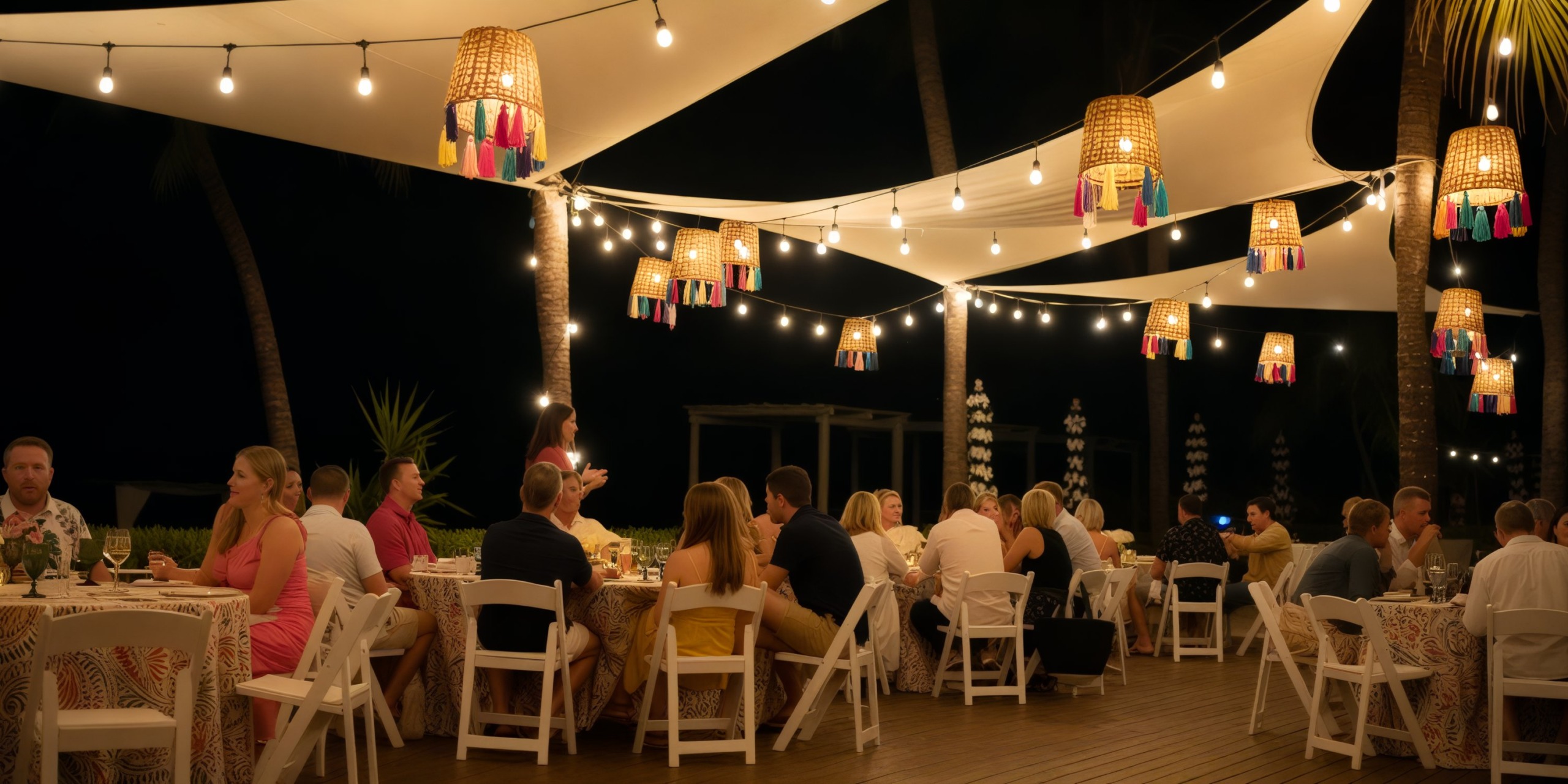 An enchanting evening at Hyatt Zilara Riviera Maya, perfect for a destination wedding, features dining under twinkling string lights and beautifully decorated lampshades.