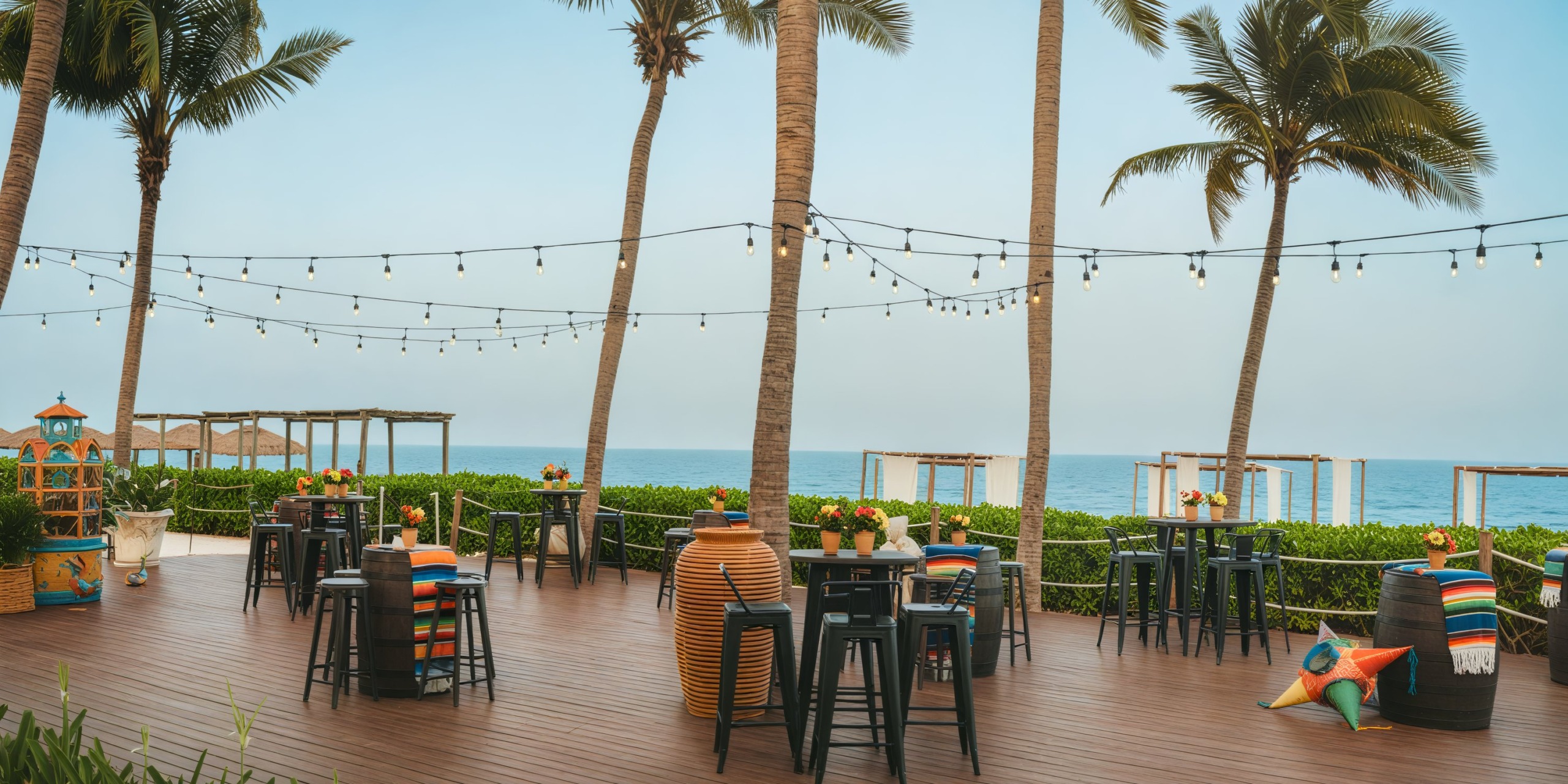 Hyatt Zilara Riviera Maya: The perfect destination wedding venue featuring an ocean-view patio adorned with tables, string lights, and surrounded by swaying palm trees.