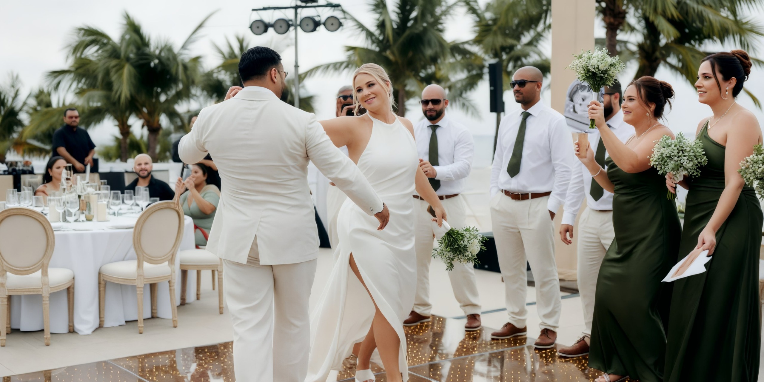 The newlywed couple is enjoying a dance outdoors at the Hyatt Zilara Riviera Maya, surrounded by their wedding guests.