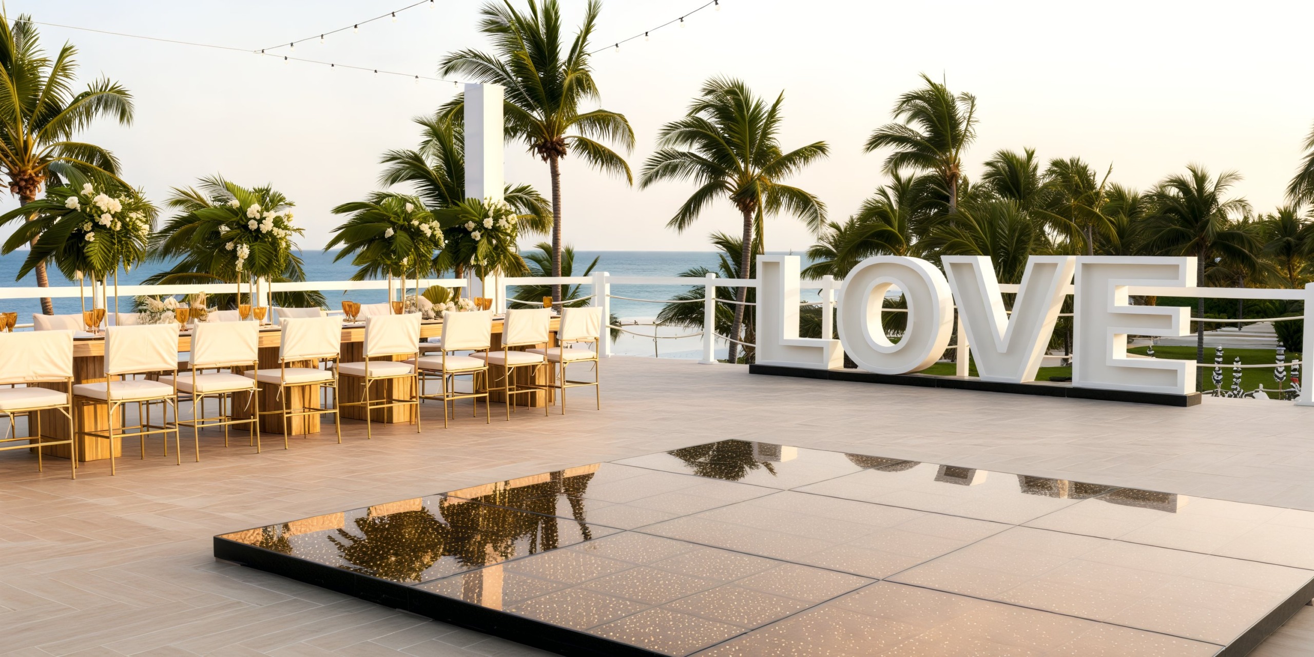 Experience a breathtaking destination wedding at Hyatt Zilara Riviera Maya, featuring elegantly arranged tables and chairs, a romantic LOVE sign, and the picturesque backdrop of palm trees with an ocean view.