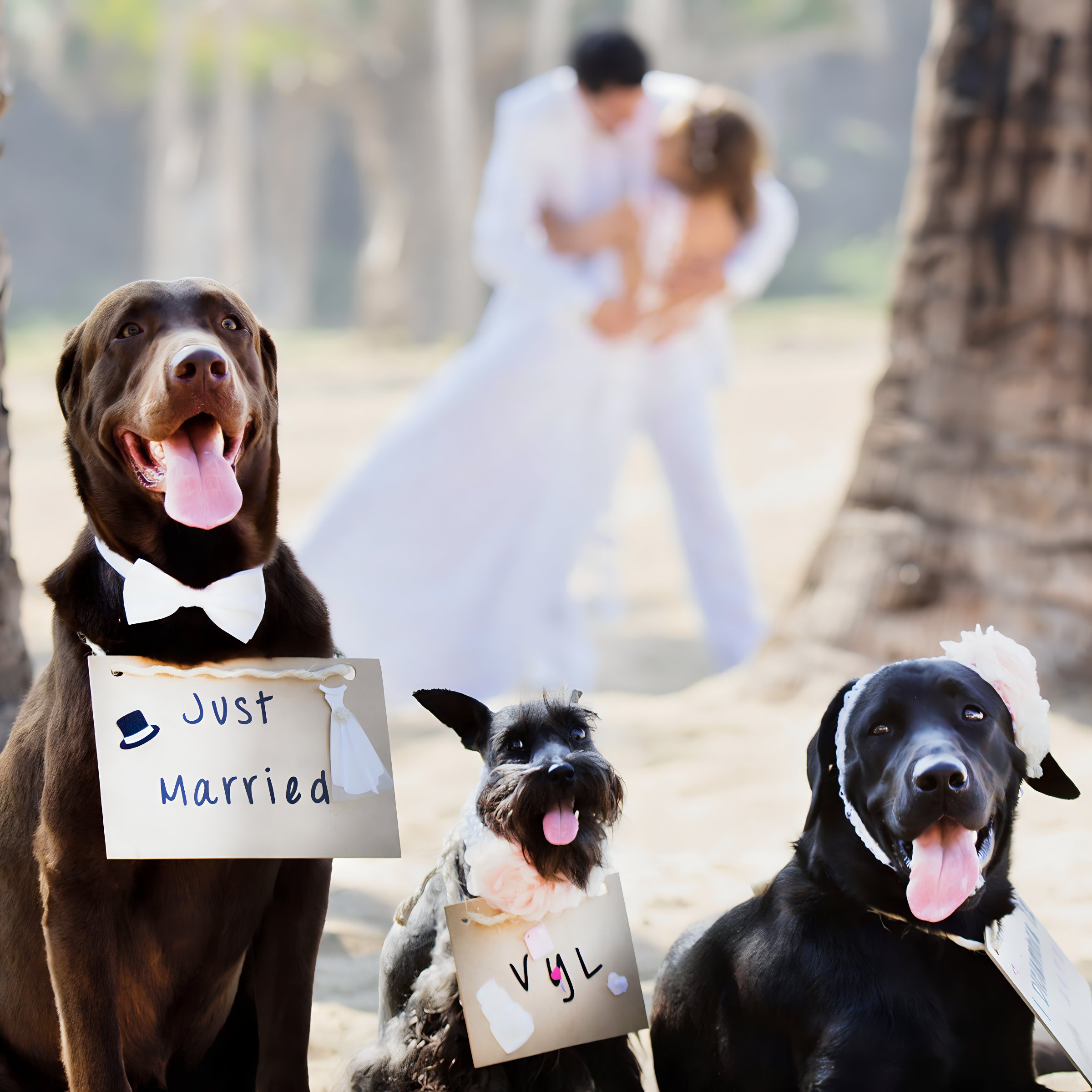 Dogs at a pet friendly wedding resort, while their parents kiss at their wedding