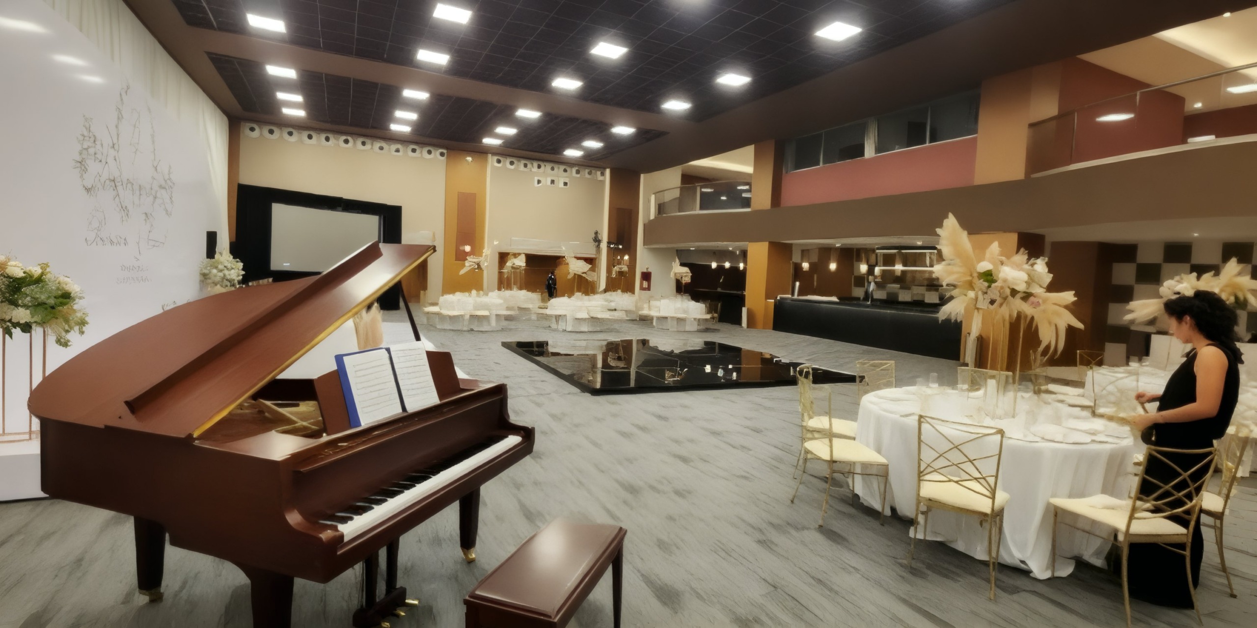 The hall at Royalton Splash Riviera Cancun, ideal for a destination wedding, boasts a grand piano and elegantly arranged round dining tables.