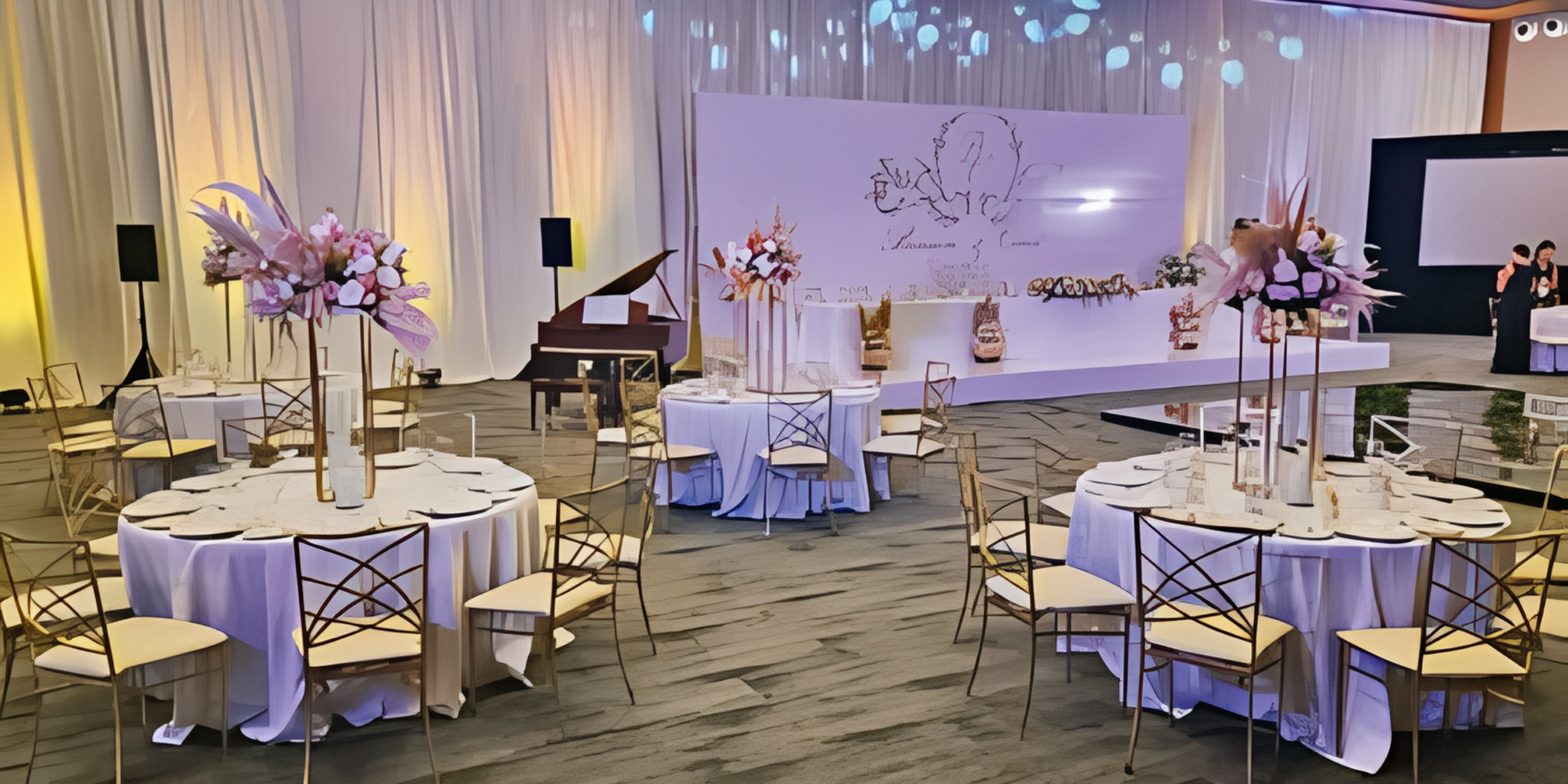 A large Royalton Splash Riviera Cancun with tables and chairs set up for a wedding.
