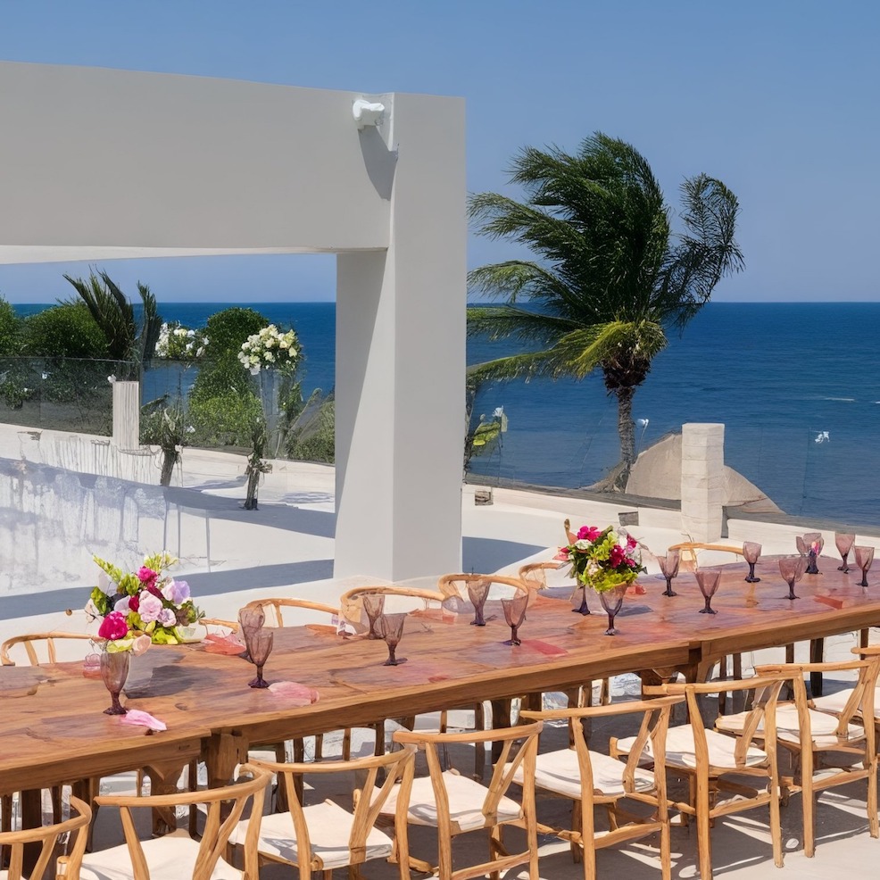 An enchanting outdoor dining arrangement by the ocean, featuring elegantly set tables with chairs, exquisite floral decor—perfect for a destination wedding.