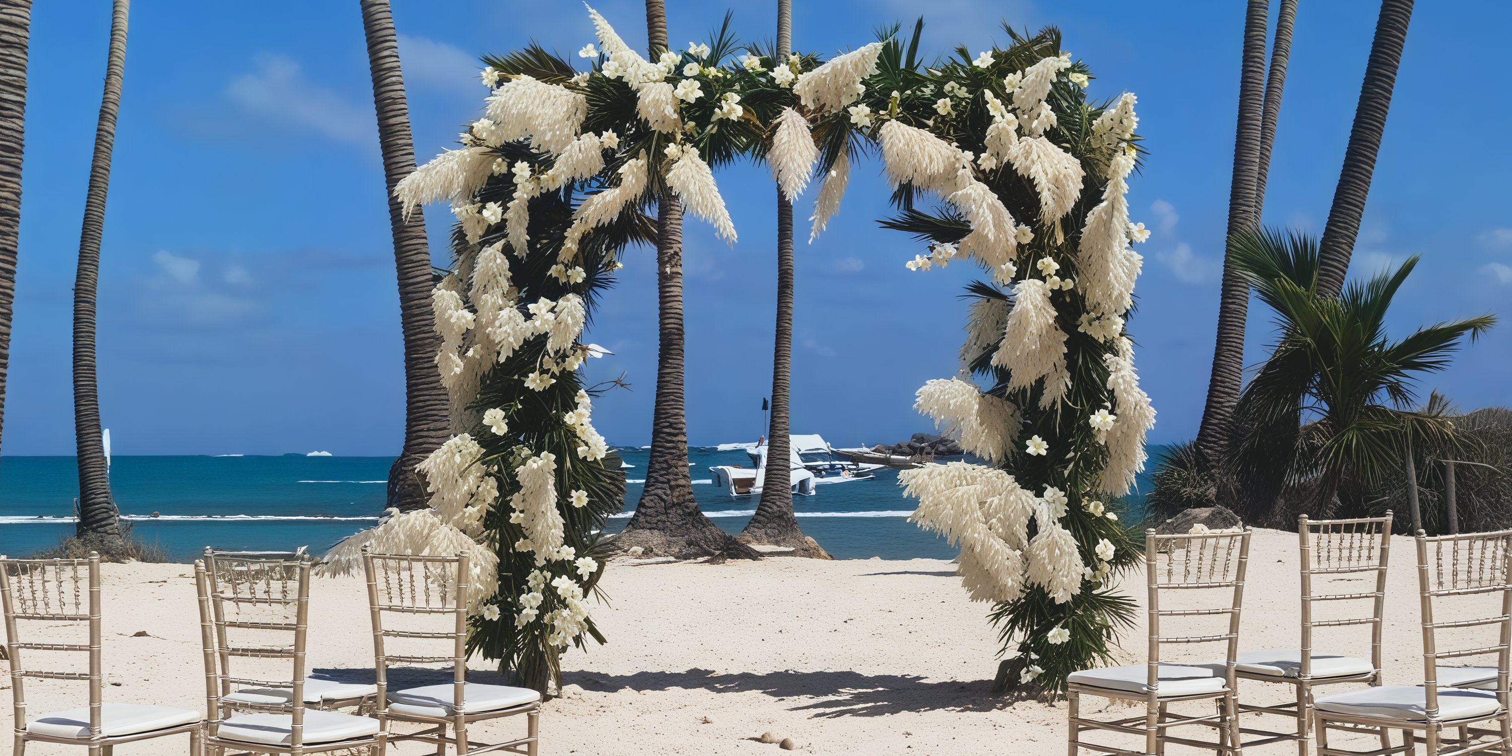Dreams Flora offers a stunning arch adorned with palms and white flowers, complemented by ocean-facing chairs, perfect for your beach destination wedding.