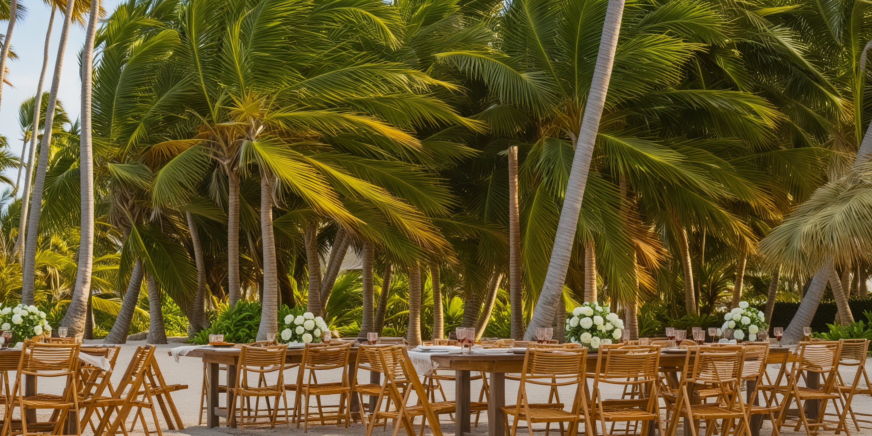 Create a stunning outdoor dining experience for your destination wedding with Dreams Flora tables and chairs, nestled beautifully among the palm trees.