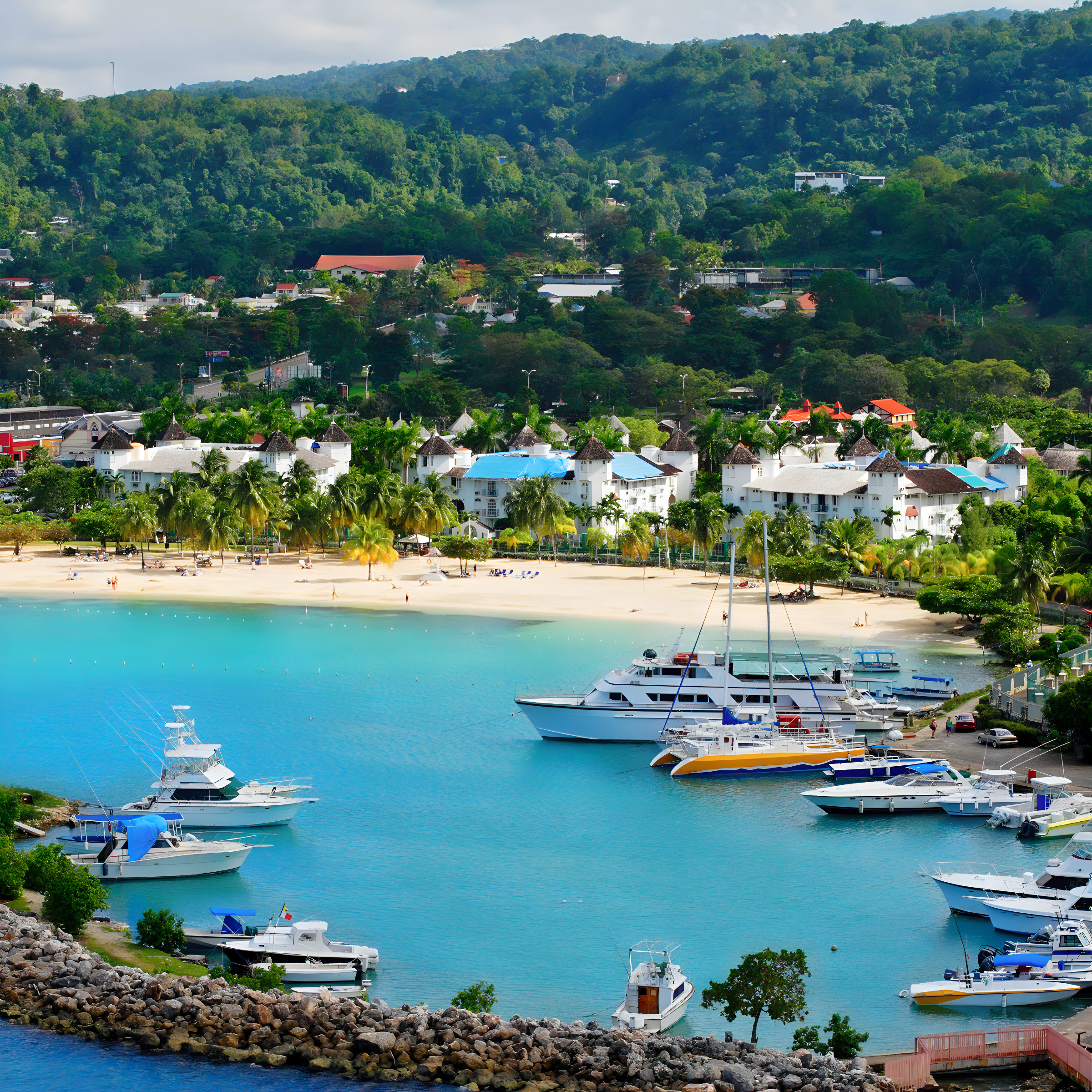 Tropical coastal resort in Jamaica tourism zone with white sandy beach, moored yachts, turquoise water, and lush green hills in the background.