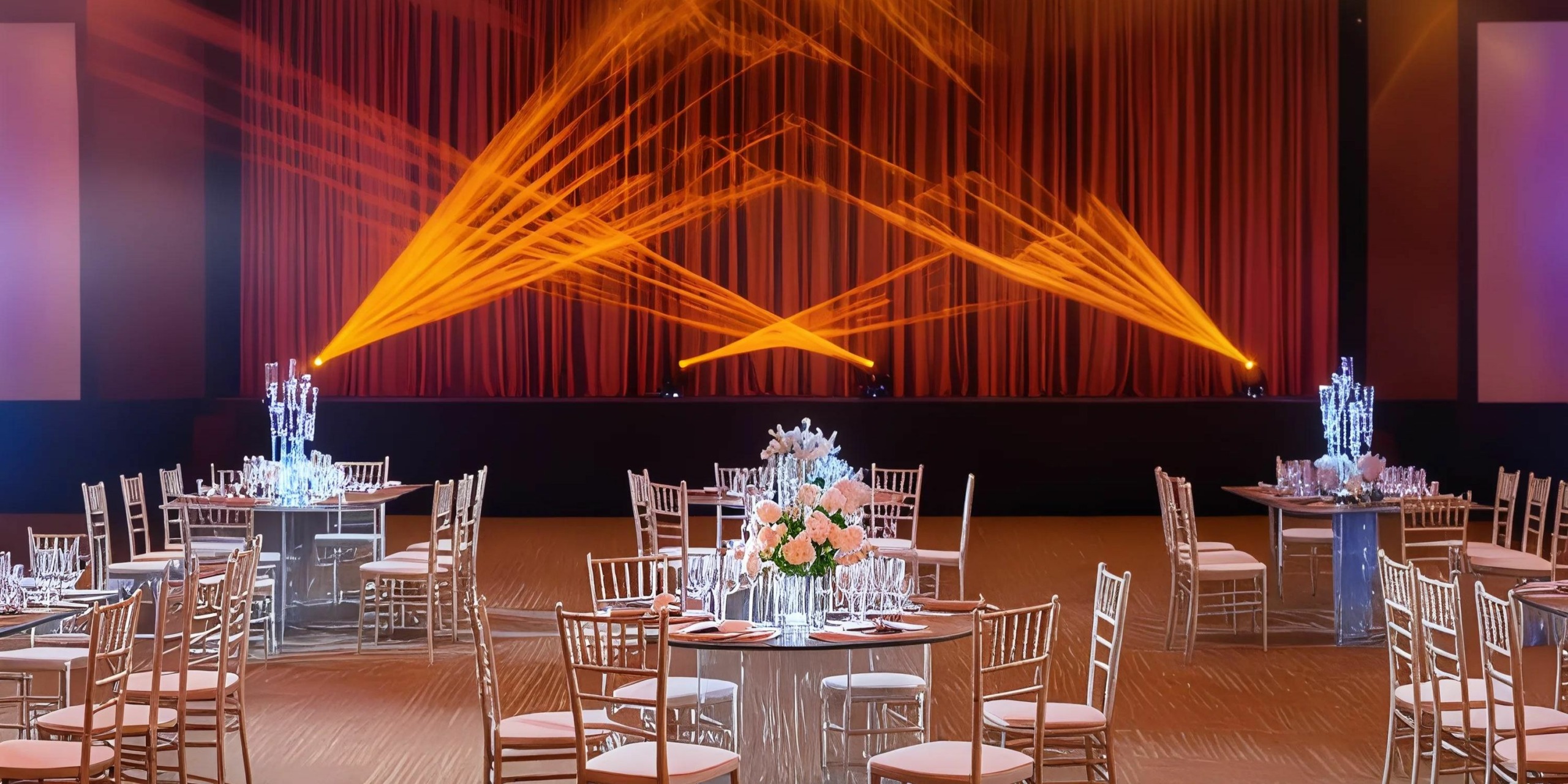 An elegant Jewel Palm Beach event space perfect for a wedding, featuring round tables set for a formal occasion with floral centerpieces and chiavari chairs. Bright stage lights in the background create a vibrant atmosphere.