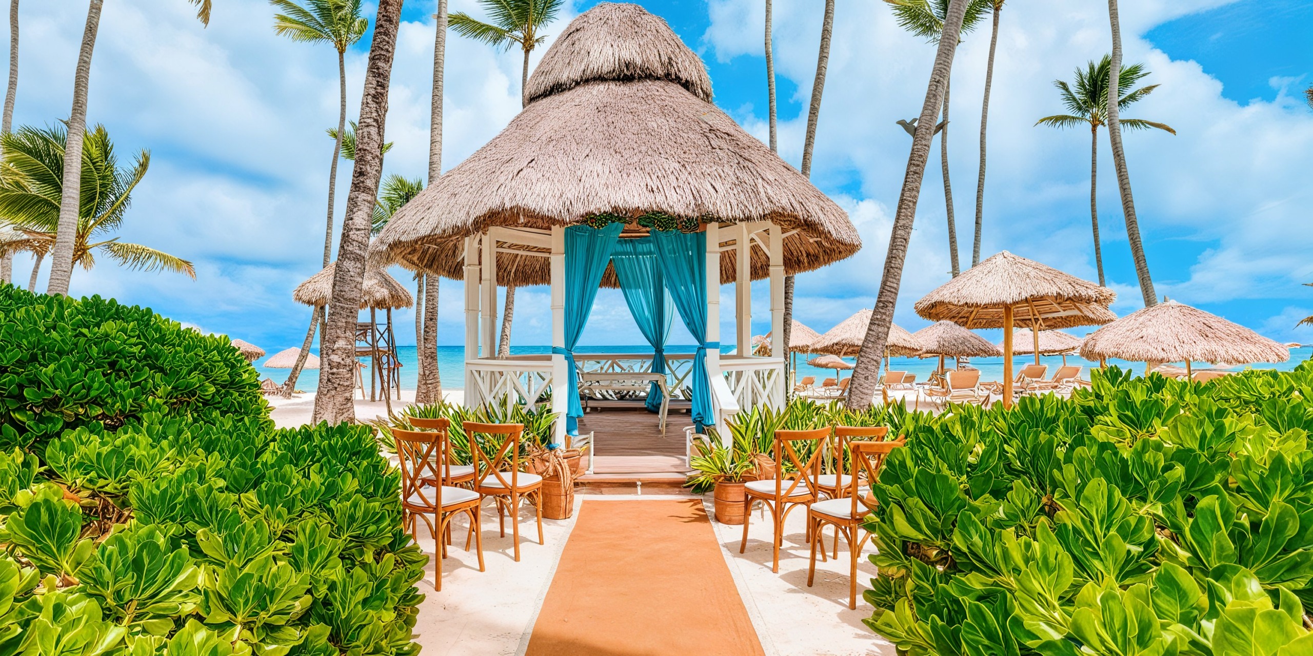 A Jewel Palm Beach wedding offers a beachside gazebo with a thatched roof, surrounded by lush greenery, palm trees, and straw umbrellas. Rows of chairs line a carpeted aisle leading to the gazebo, with stunning ocean and sky views visible in the background – perfect for your special day.