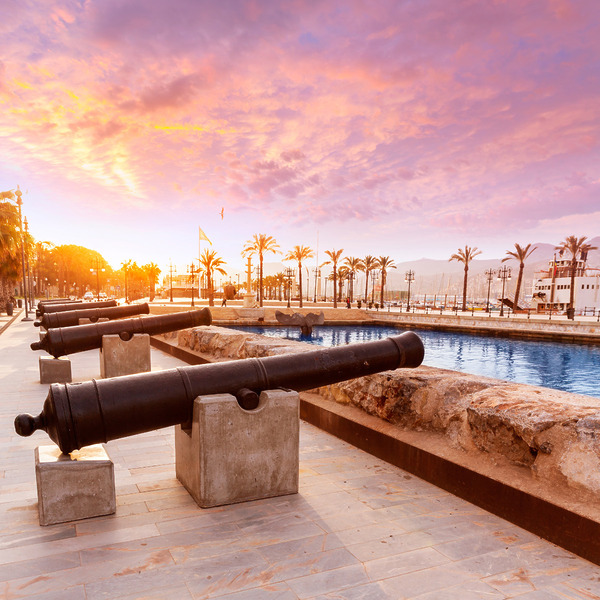 Row of old cannons on a stone platform overlooking a palm-lined promenade and water, under a vibrant sunset sky, perfect for destination weddings.